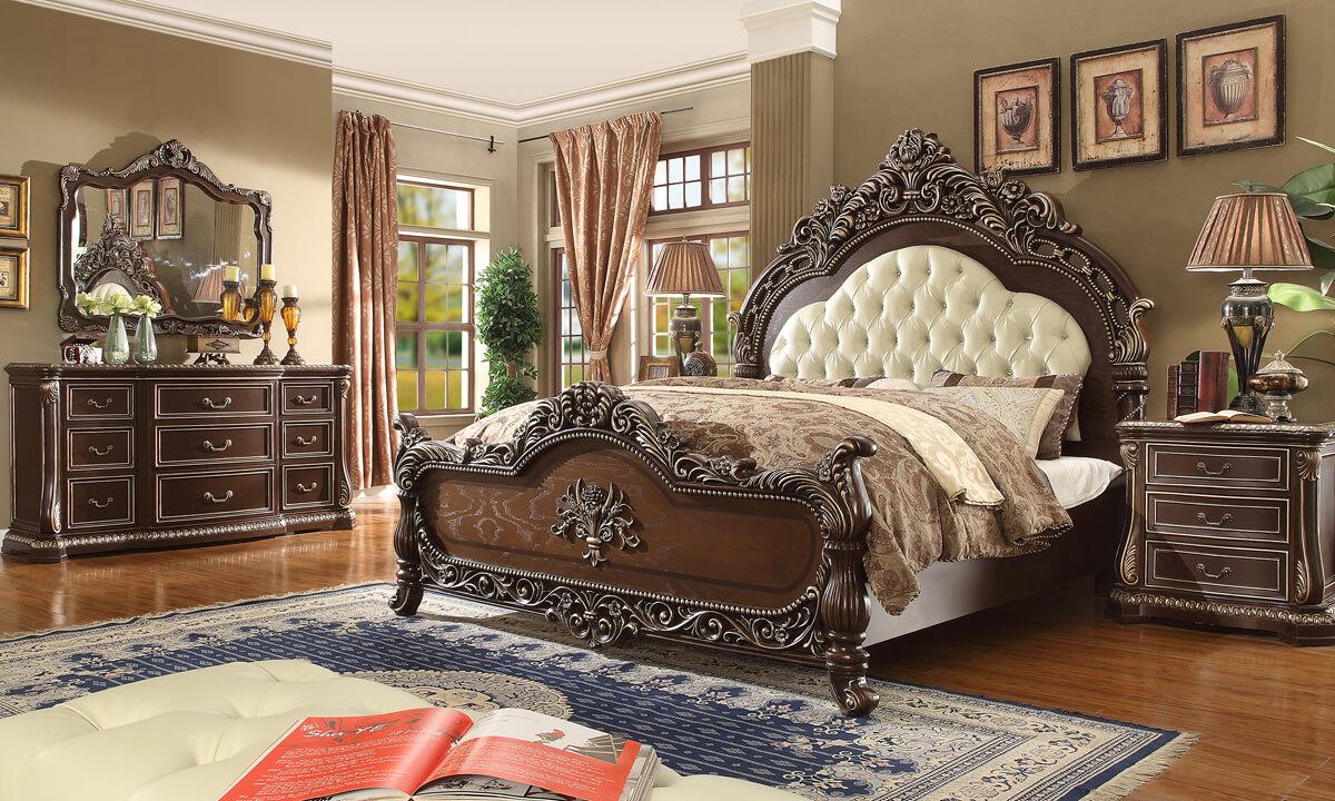 Traditional Panel Bedroom Set HD-8013 HD-8013-BSET5-CK in Cherry, Cream, Brown Leather