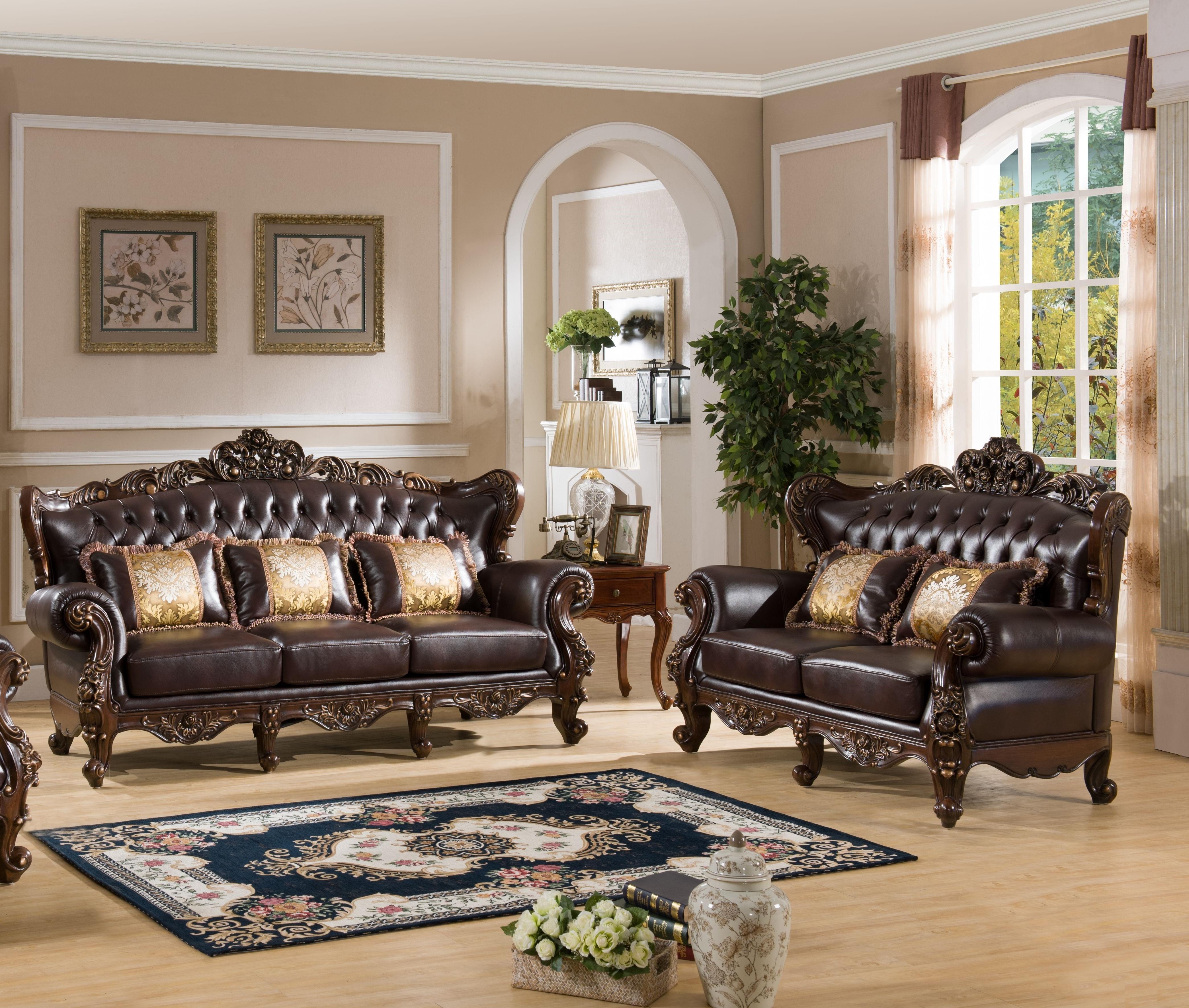 Cherry Finish Wood Brown Leather Sofa Traditional Cosmos Furniture Vanessa