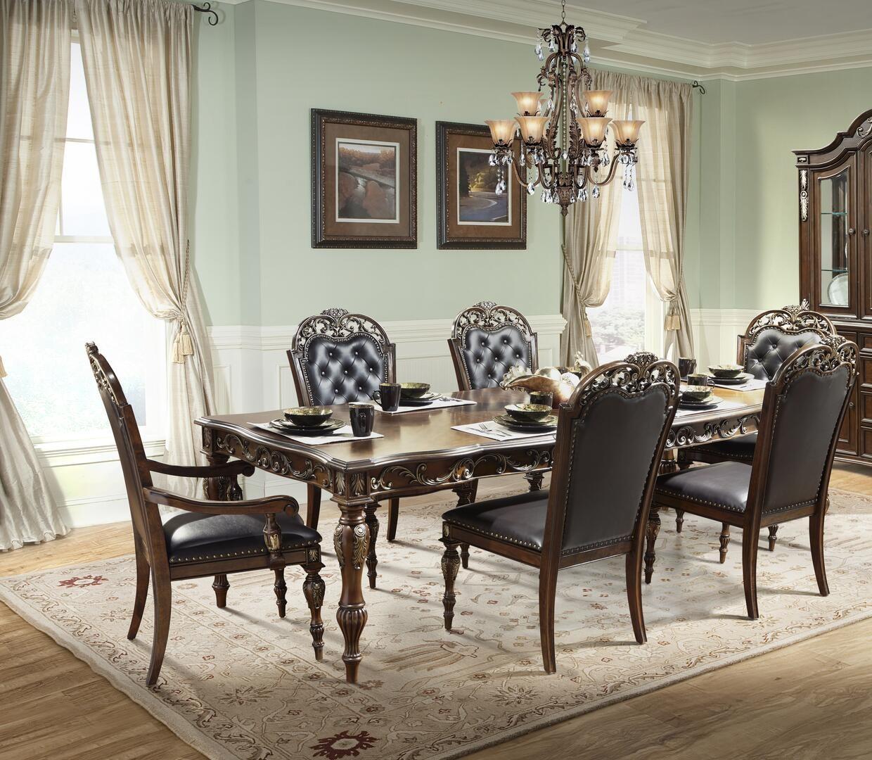 Traditional Dining Room Set Rosanna Rosanna-Set-7 in Cherry Faux Leather