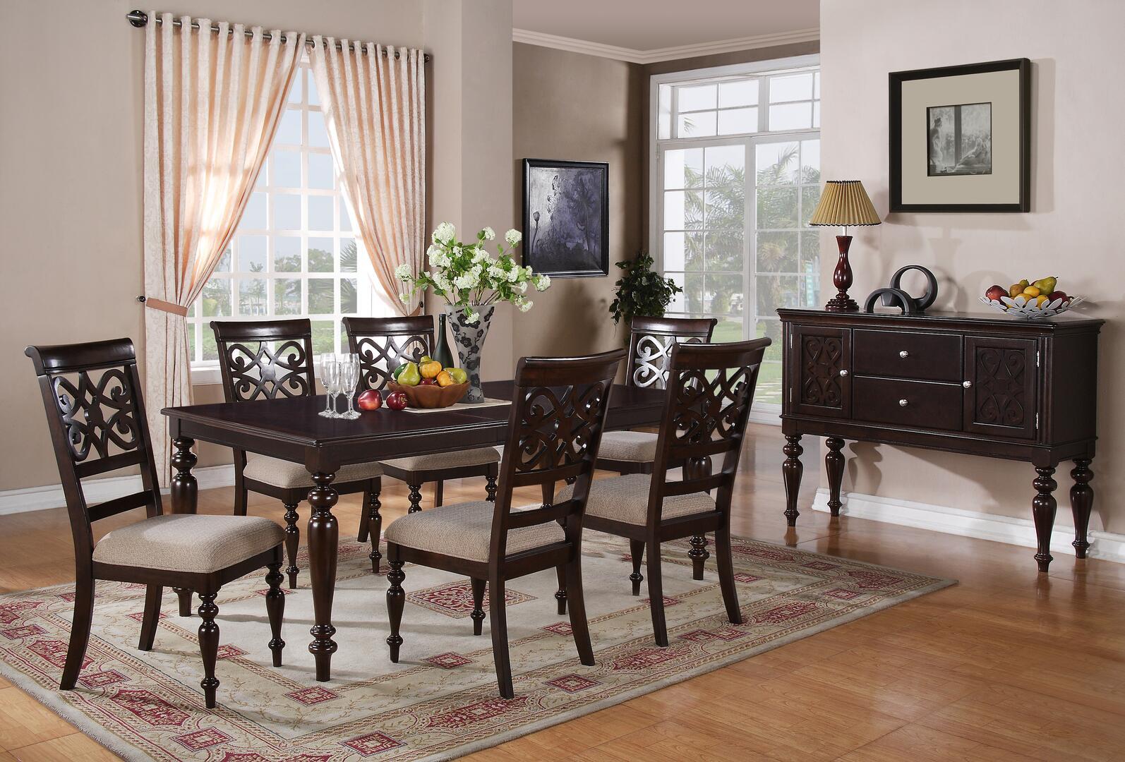 

    
Cherry Finish Wood Dining Room Set 8Pcs w/Chest Transitional Cosmos Furniture Zora
