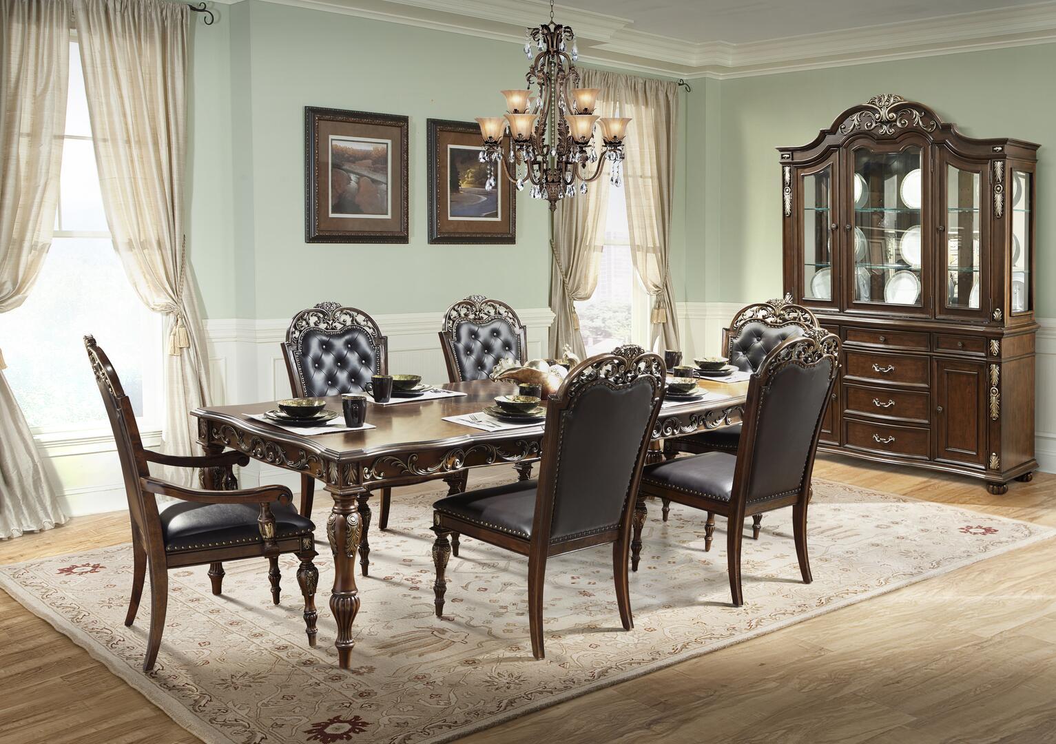 Traditional Dining Room Set Rosanna Rosanna-Set-9 in Cherry Faux Leather