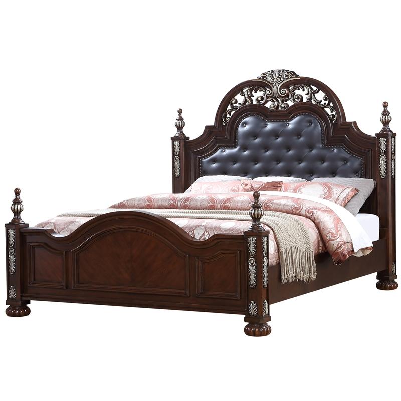Traditional Panel Bed Rosanna Rosanna-K-Bed in Cherry Faux Leather