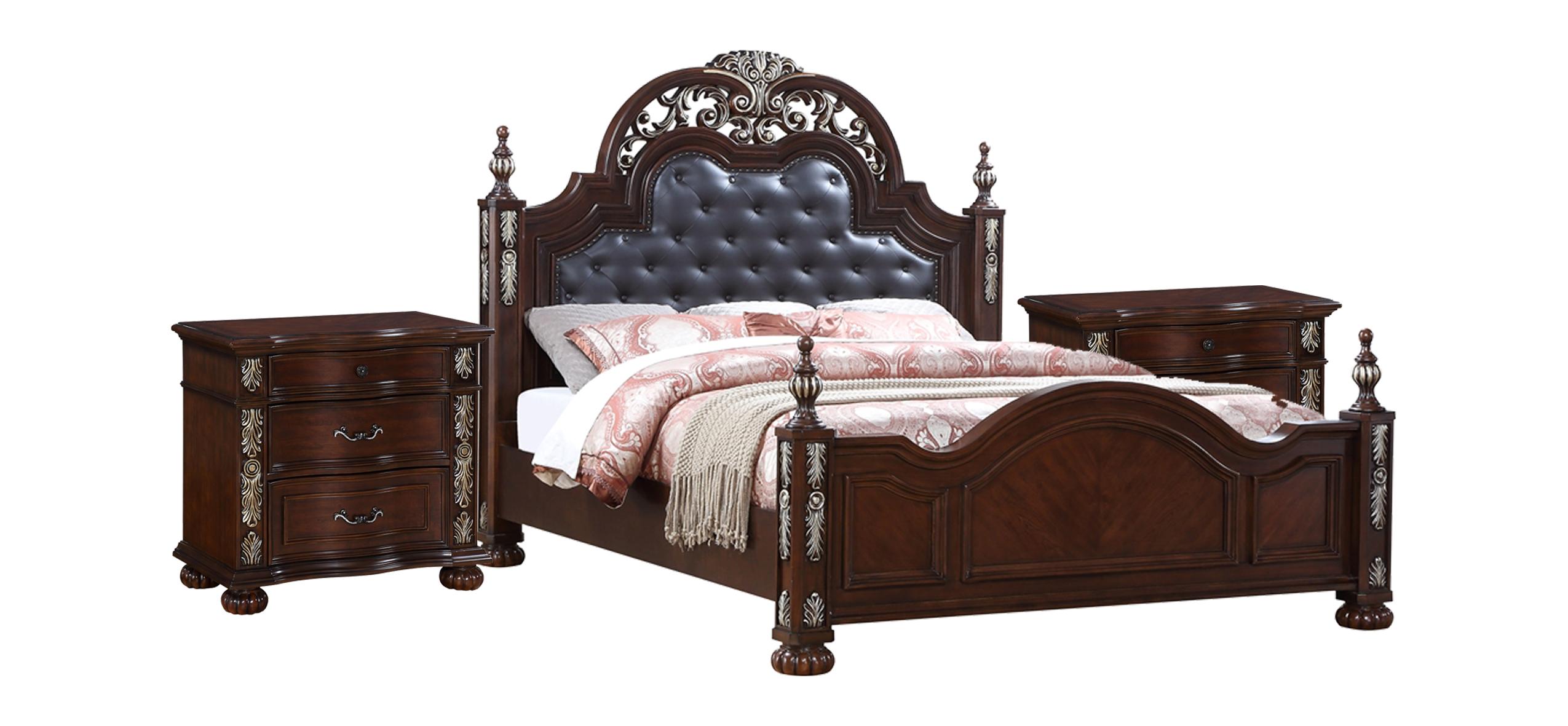 Traditional Panel Bedroom Set Rosanna Rosanna-K-Set-3 in Cherry Faux Leather
