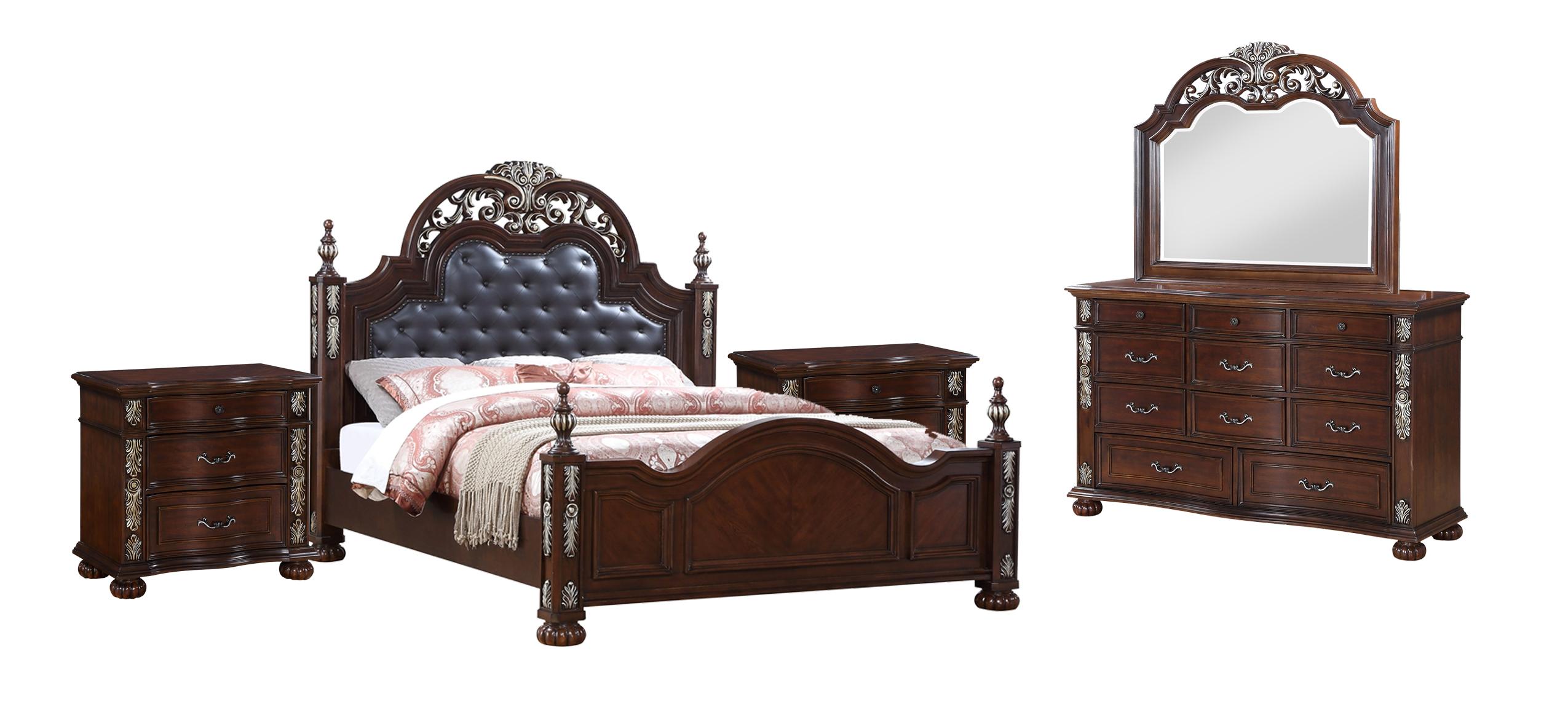 Traditional Panel Bedroom Set Rosanna Rosanna-K-Set-5 in Cherry Faux Leather