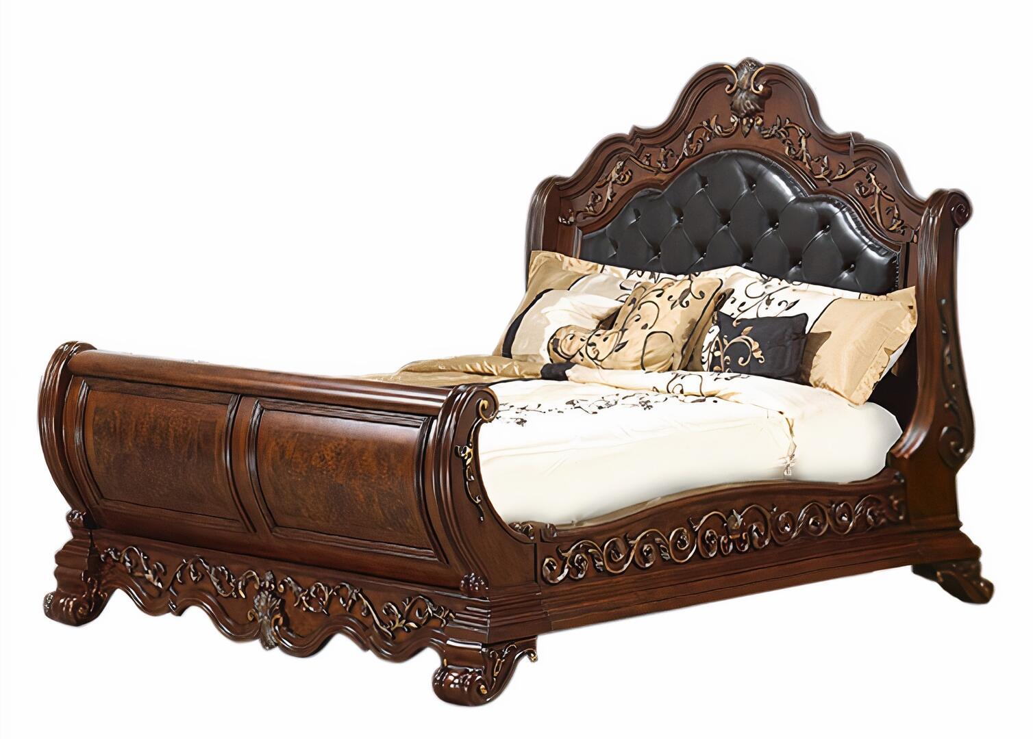 Traditional Sleigh Bed Cleopatra Cleopatra-K-Bed in Cherry Faux Leather