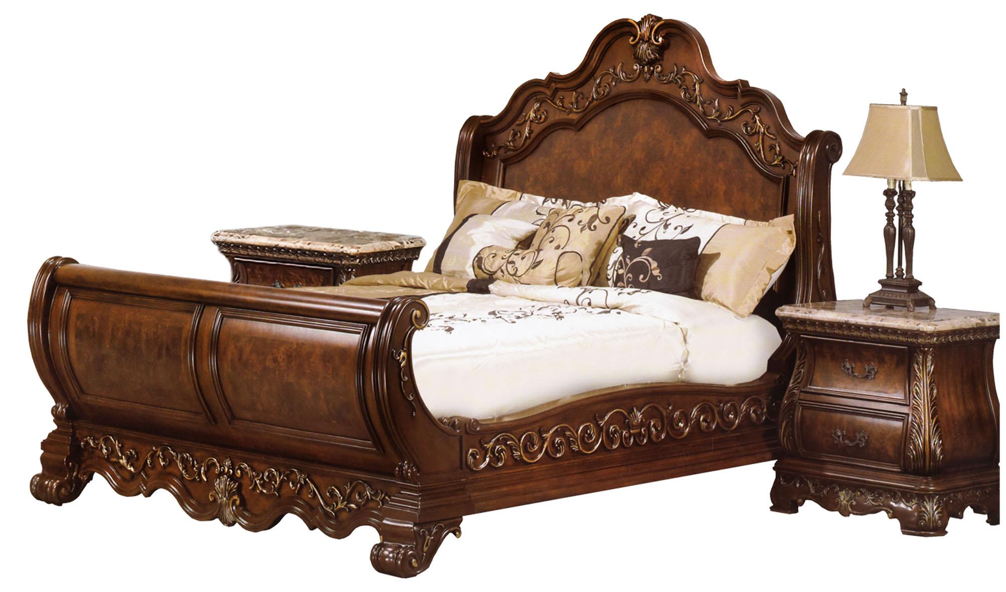 

    
Cherry Finish Wood King Sleigh Bedroom Set 3Pcs Traditional Cosmos Furniture Cleopatra
