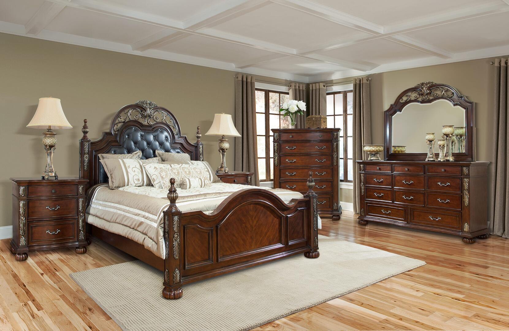 Traditional Panel Bedroom Set Rosanna Rosanna-Q-Set-6 in Cherry Faux Leather