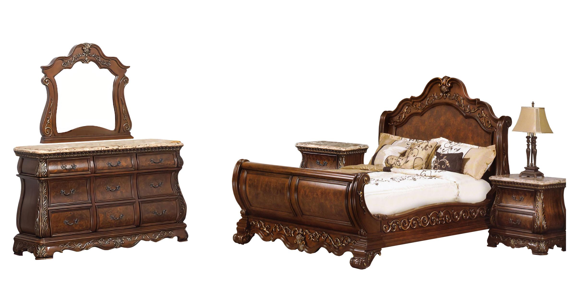 

    
Cherry Finish Wood Queen Sleigh Bedroom Set 5Pcs Traditional Cosmos Furniture Cleopatra
