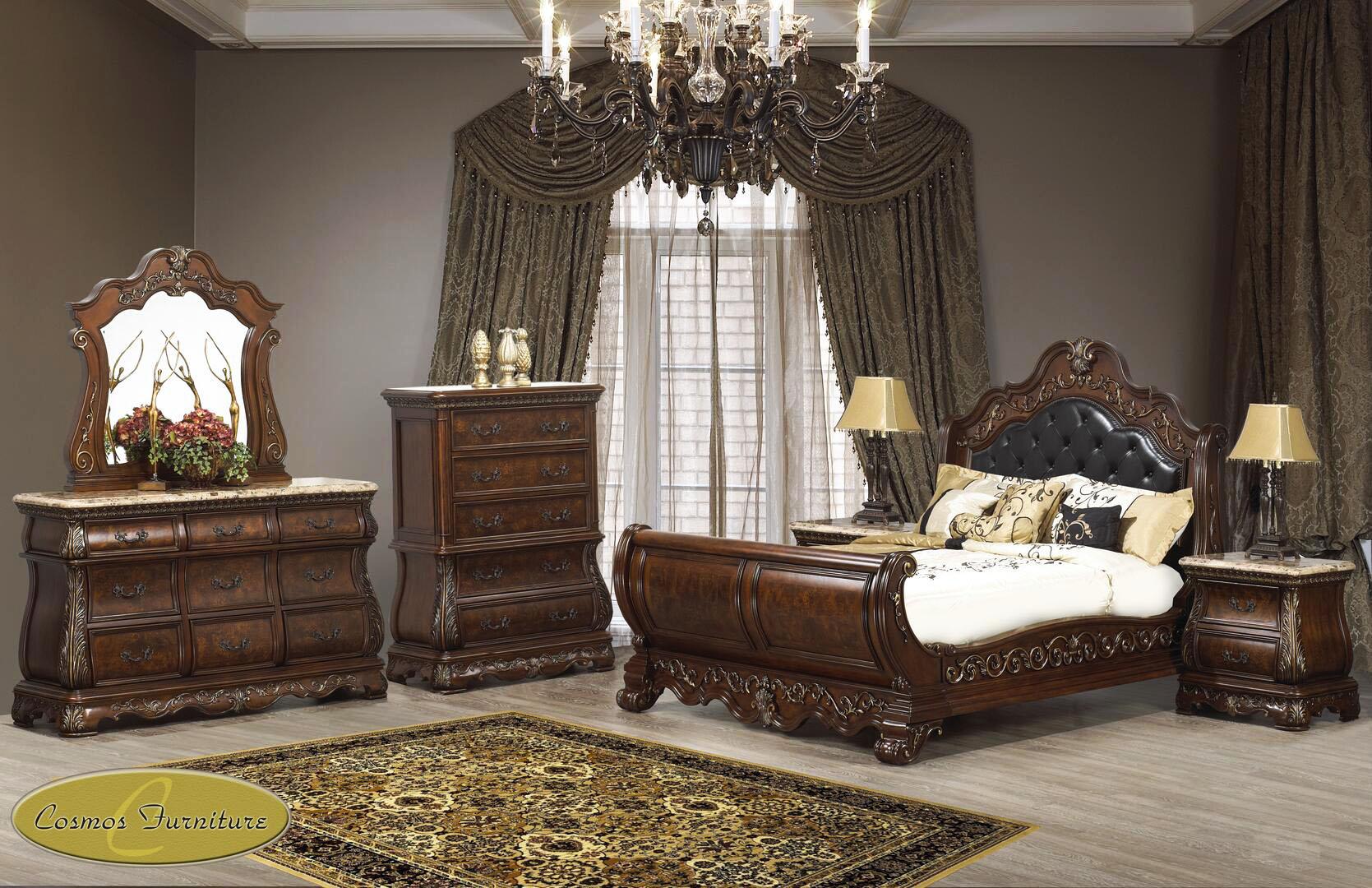 

    
Cherry Finish Wood Queen Sleigh Bedroom Set 6Pcs Traditional Cosmos Furniture Cleopatra
