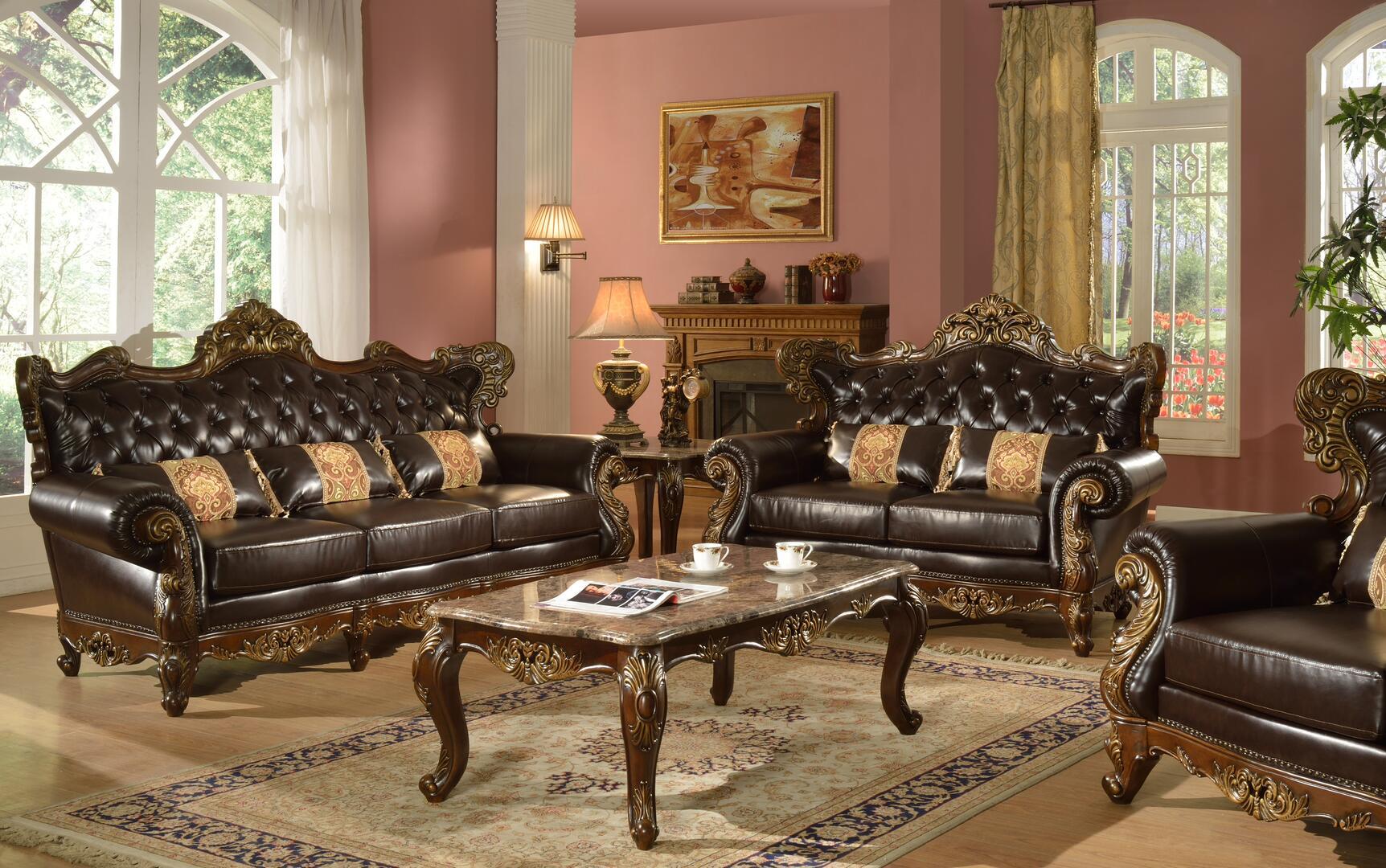Traditional Sofa Loveseat Chair and Coffee Table Britney Britney-Set-4 in Cherry Faux Leather