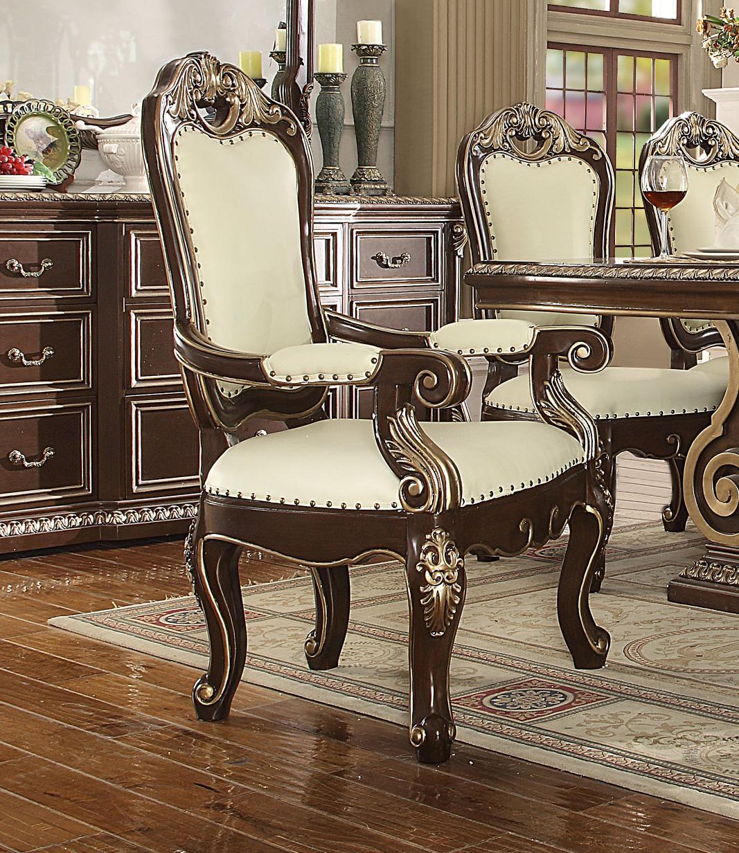 Traditional Dining Arm Chair HD-8013 HD-AC8013-2PC in Dark Cherry, Ivory Leather
