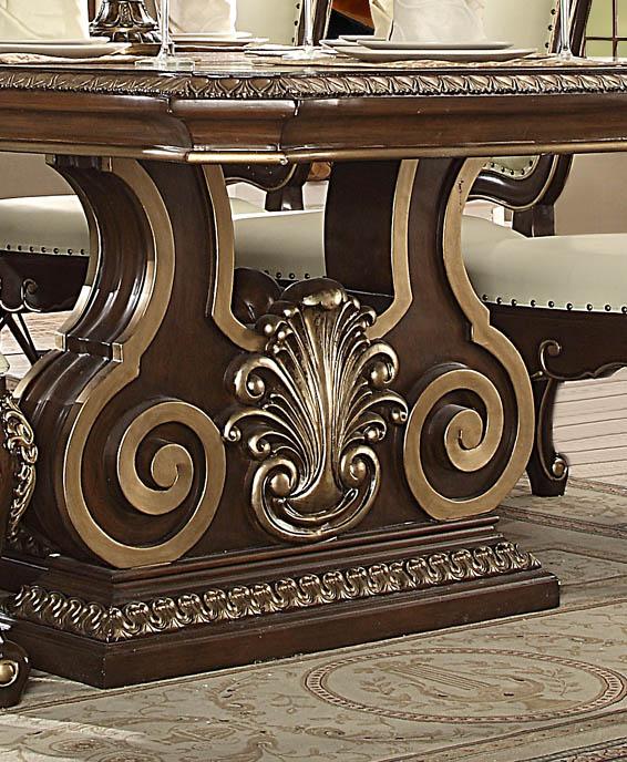 

    
Cherry & Gold Carved Wood Rectangle Dining Table Traditional Homey Design HD-8013

