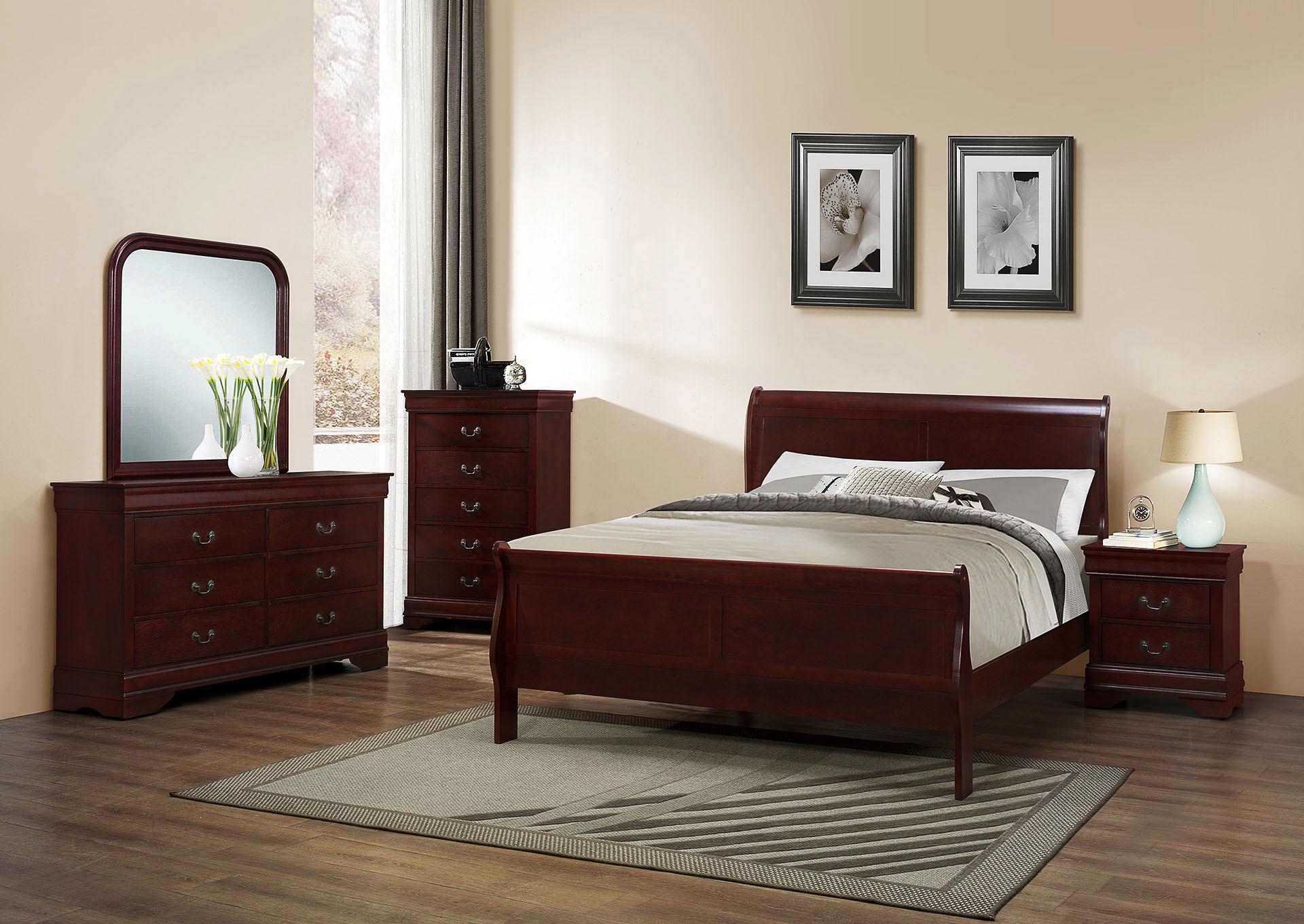GTU Furniture Classic Louis Philippe Styling Deep Cherry 4Pc Queen Bedroom  Set(Q/D/M/N)