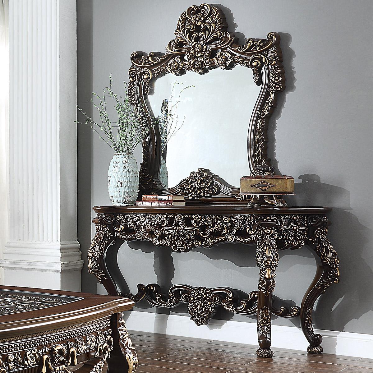 Traditional Console Table and Mirror Set HD-CON905C HD-CON905C-Set-2 in Cherry 