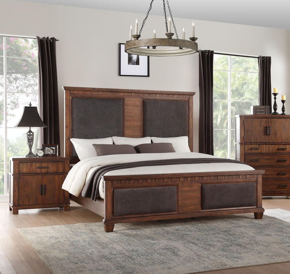 Classic, Traditional Panel Bedroom Set Vibia Vibia-27157EK-Set-3 in Cherry Finish, Brown Fabric
