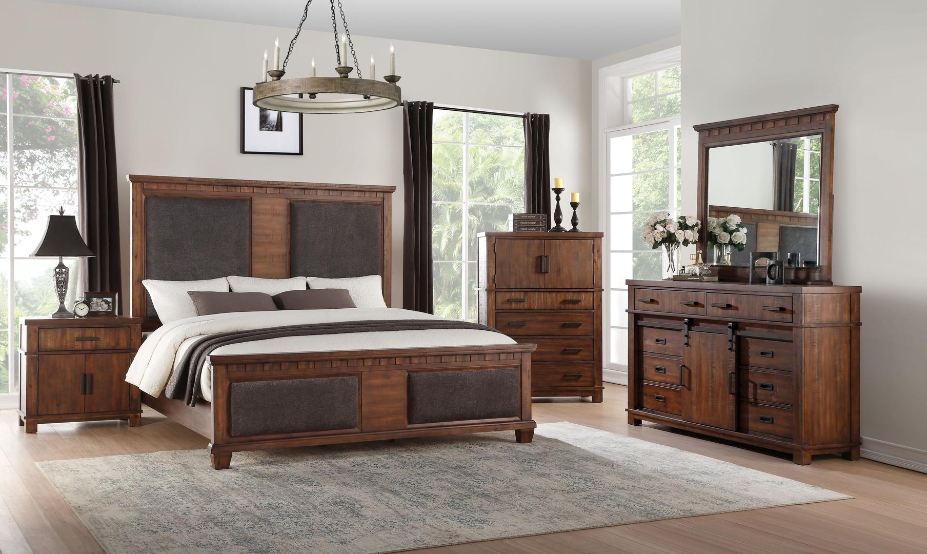 

        
Acme Furniture Vibia Panel Bedroom Set Cherry Finish/Brown Fabric 00840412178641
