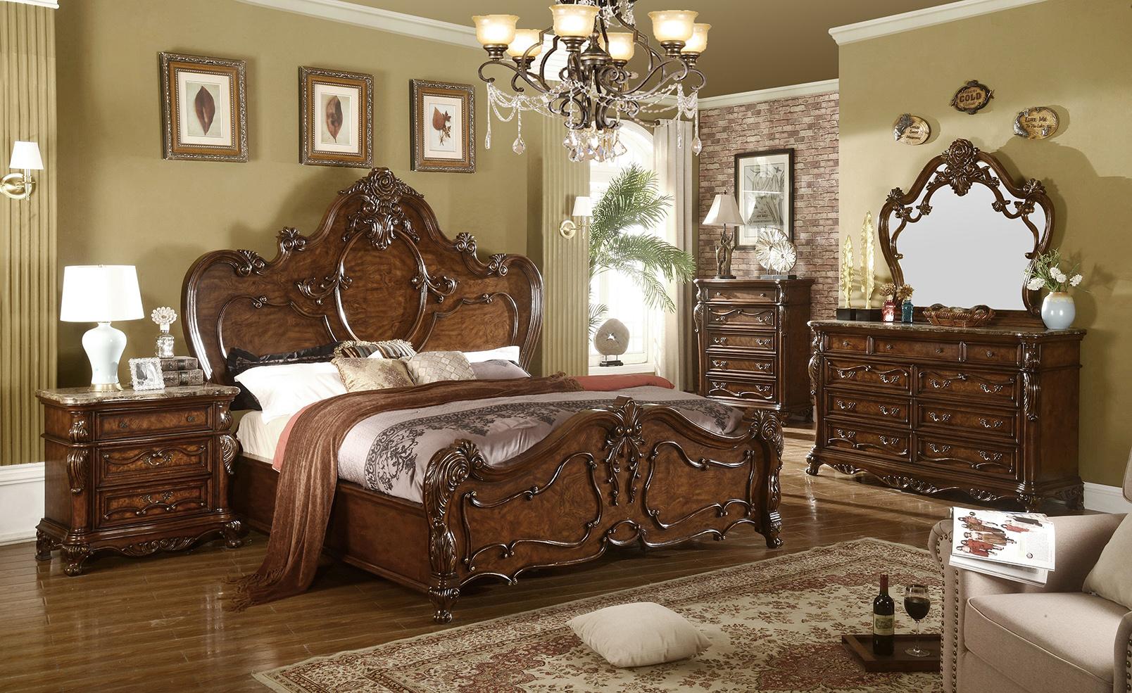 

    
Cherry Oak Carved Wood CAL King Bedroom Set 5Pcs w/Chest Traditional Mcferran B7189
