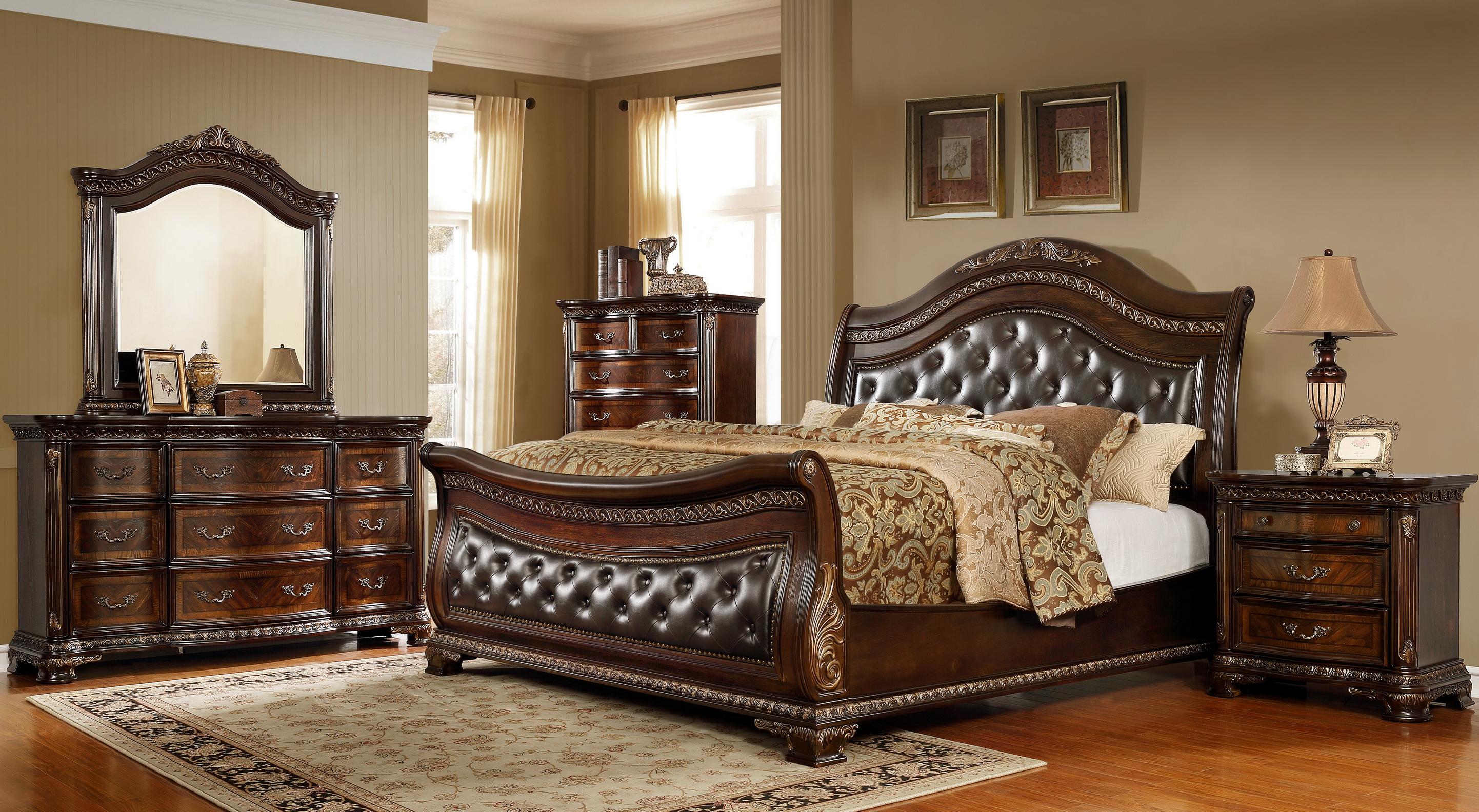 

    
Dark Cherry Finish Leather Upholstery Sleigh CAL King Bedroom 5Pcs w/Chest Traditional McFerran B9588
