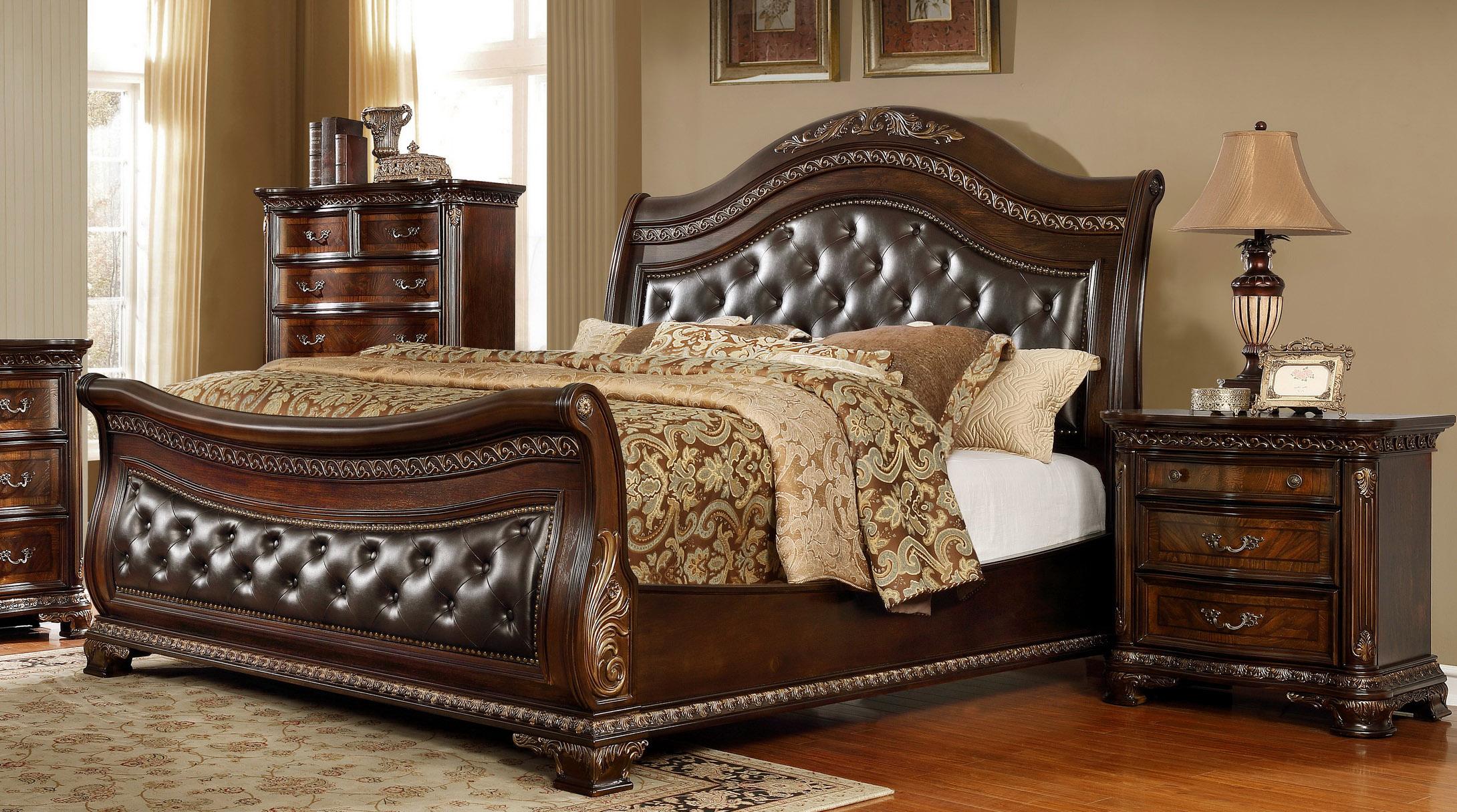 

    
Dark Cherry Finish Leather Upholstery Sleigh CAL King Bedroom 5Pcs w/Chest Traditional McFerran B9588

