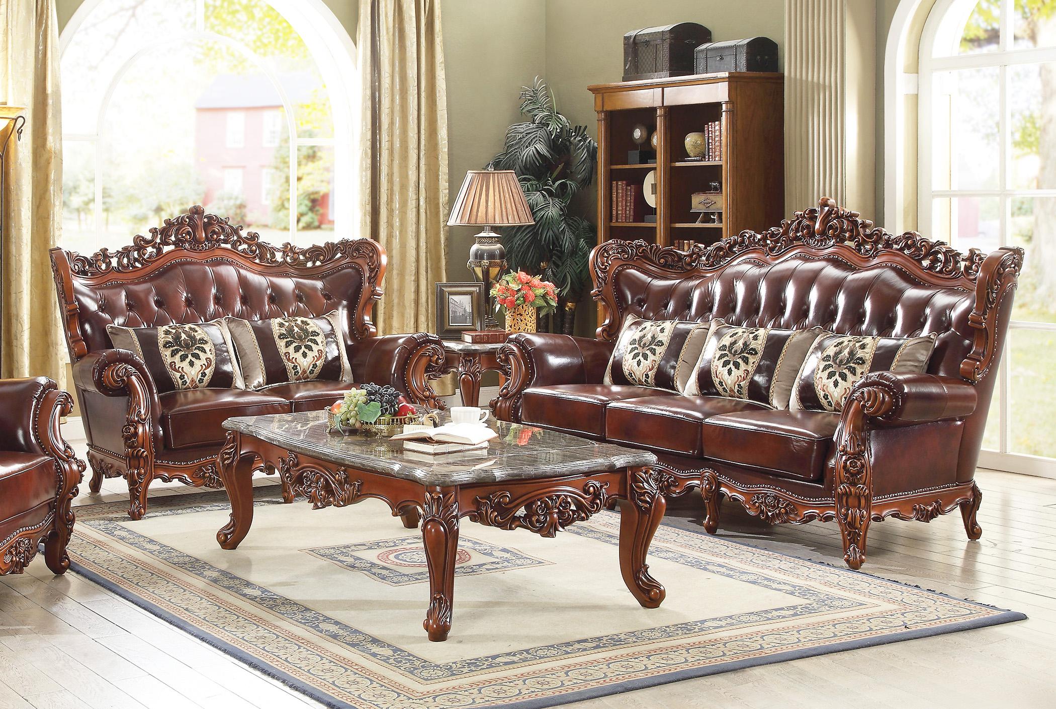 Classic, Traditional Sofa and Loveseat Set Eustoma-53065 Eustoma-53065-Set-2 in Cherry, Walnut Top grain leather