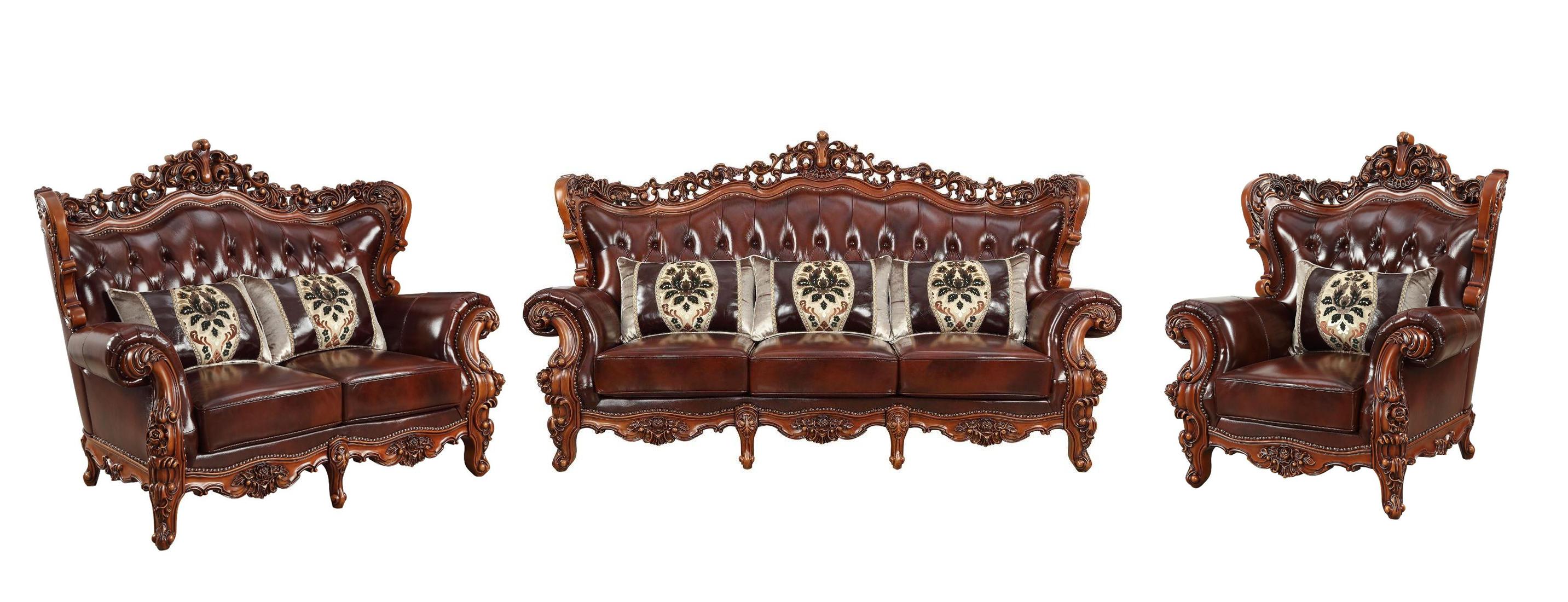 Classic, Traditional Sofa Set Eustoma-53065 Eustoma-53065-Set-3 in Cherry, Walnut Top grain leather