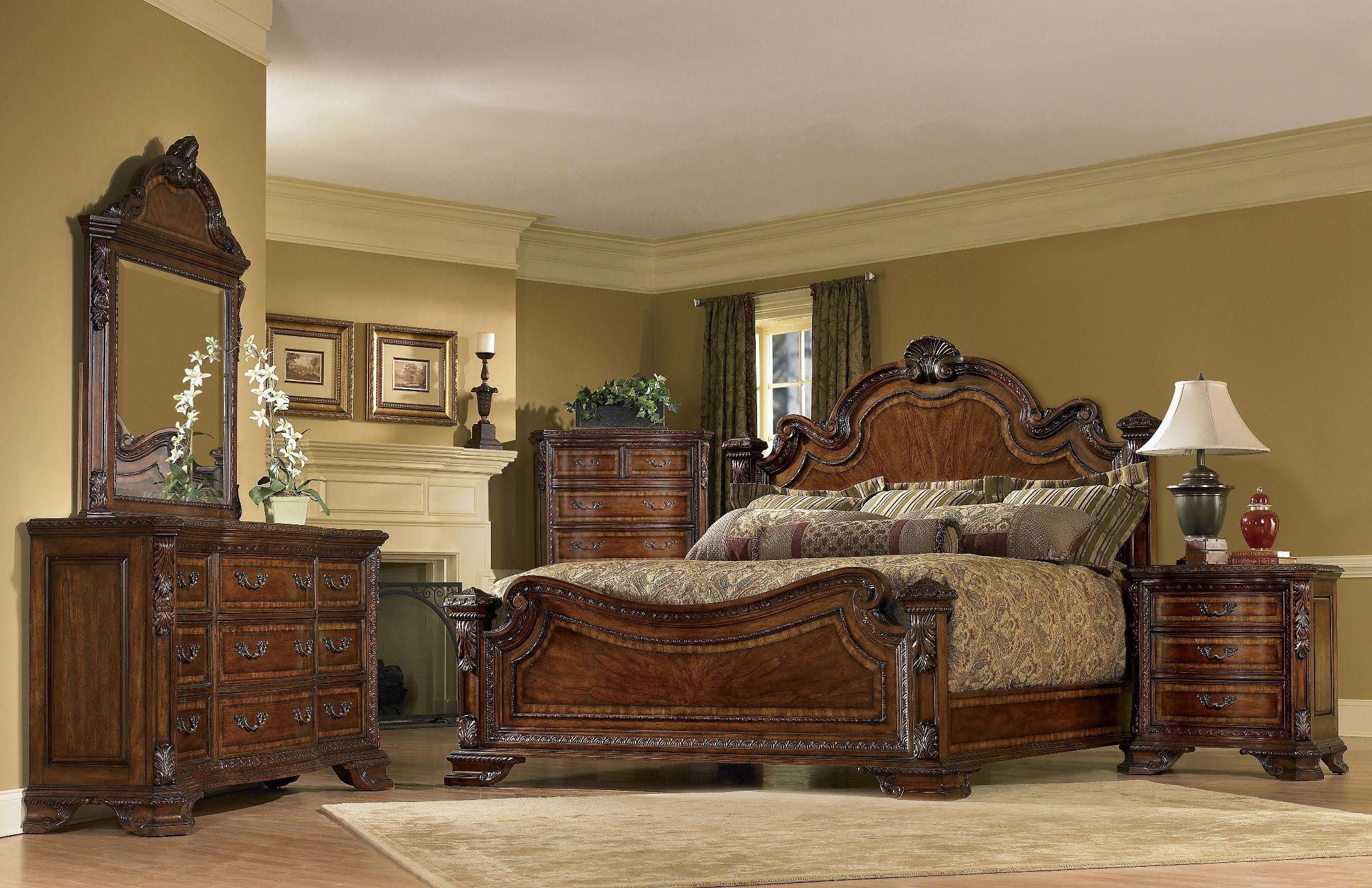 Classic, Traditional Panel Bedroom Set Old World 143157-2606CK-BR-2NDM-5PCS in Cherry, Brown Lacquer