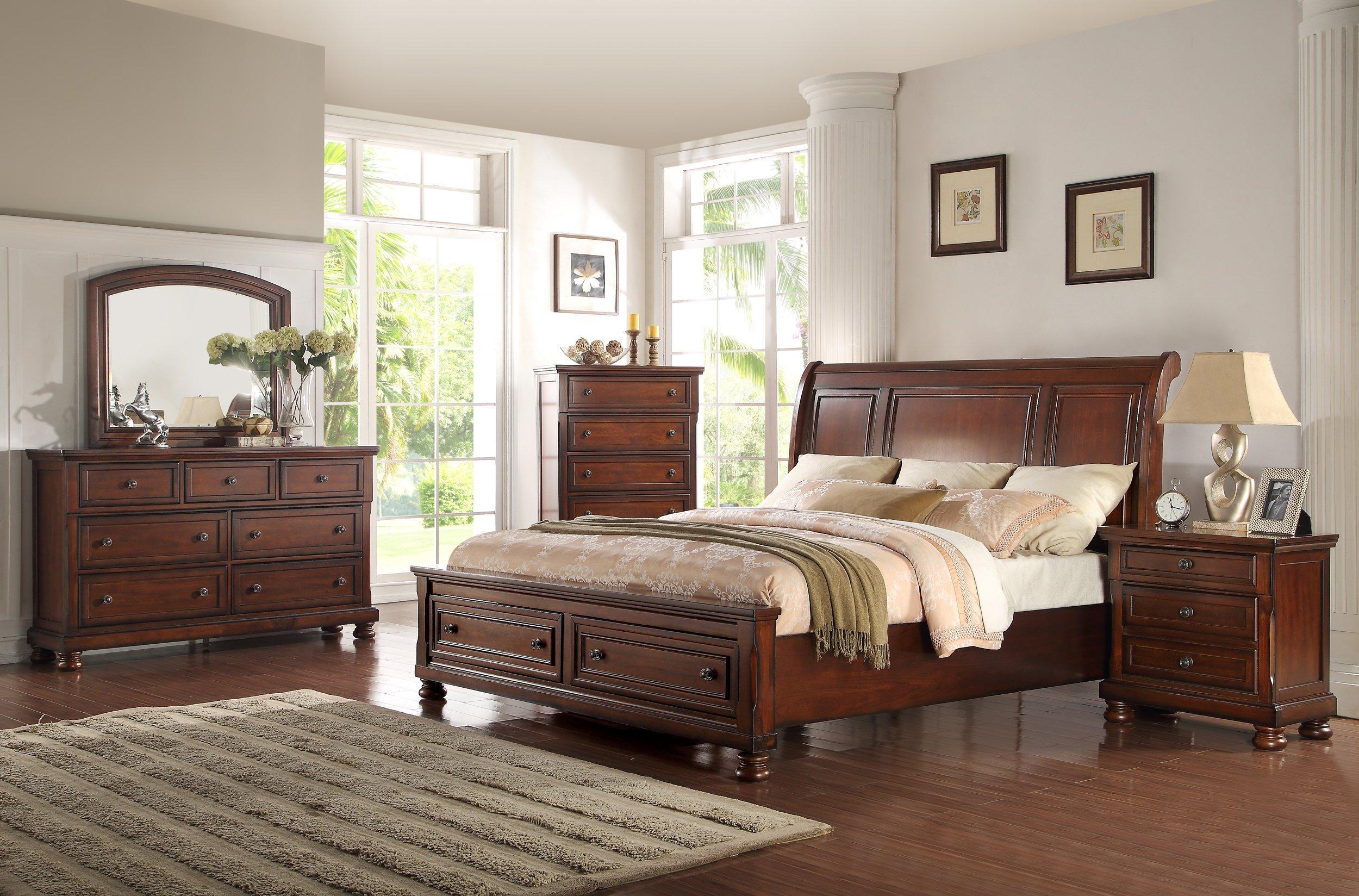 

    
Cherry Solid Wood CAL King Storage Bed Traditional McFerran B608
