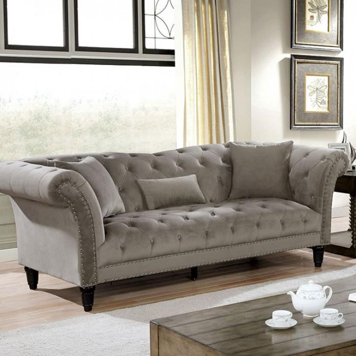 

    
Glam Gray Flannelette Fabric Living Room Set 3pcs Furniture of America Louella
