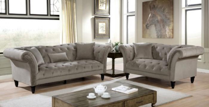 

    
Glam Gray Flannelette Fabric Living Room Set 3pcs Furniture of America Louella
