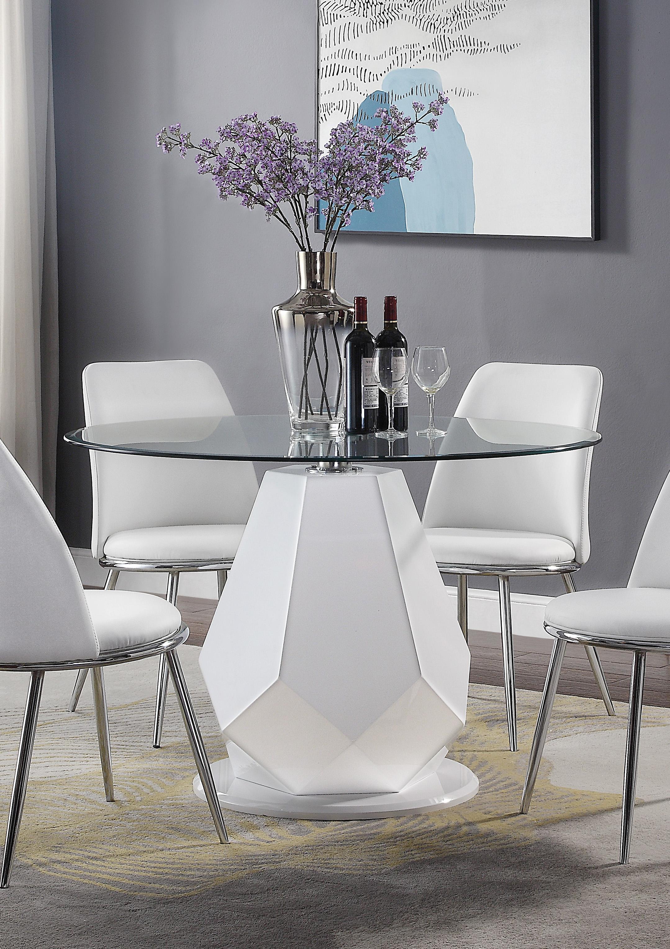 

    
Acme Furniture Chara Dining Table Set Chrome/White 74925-Set-5
