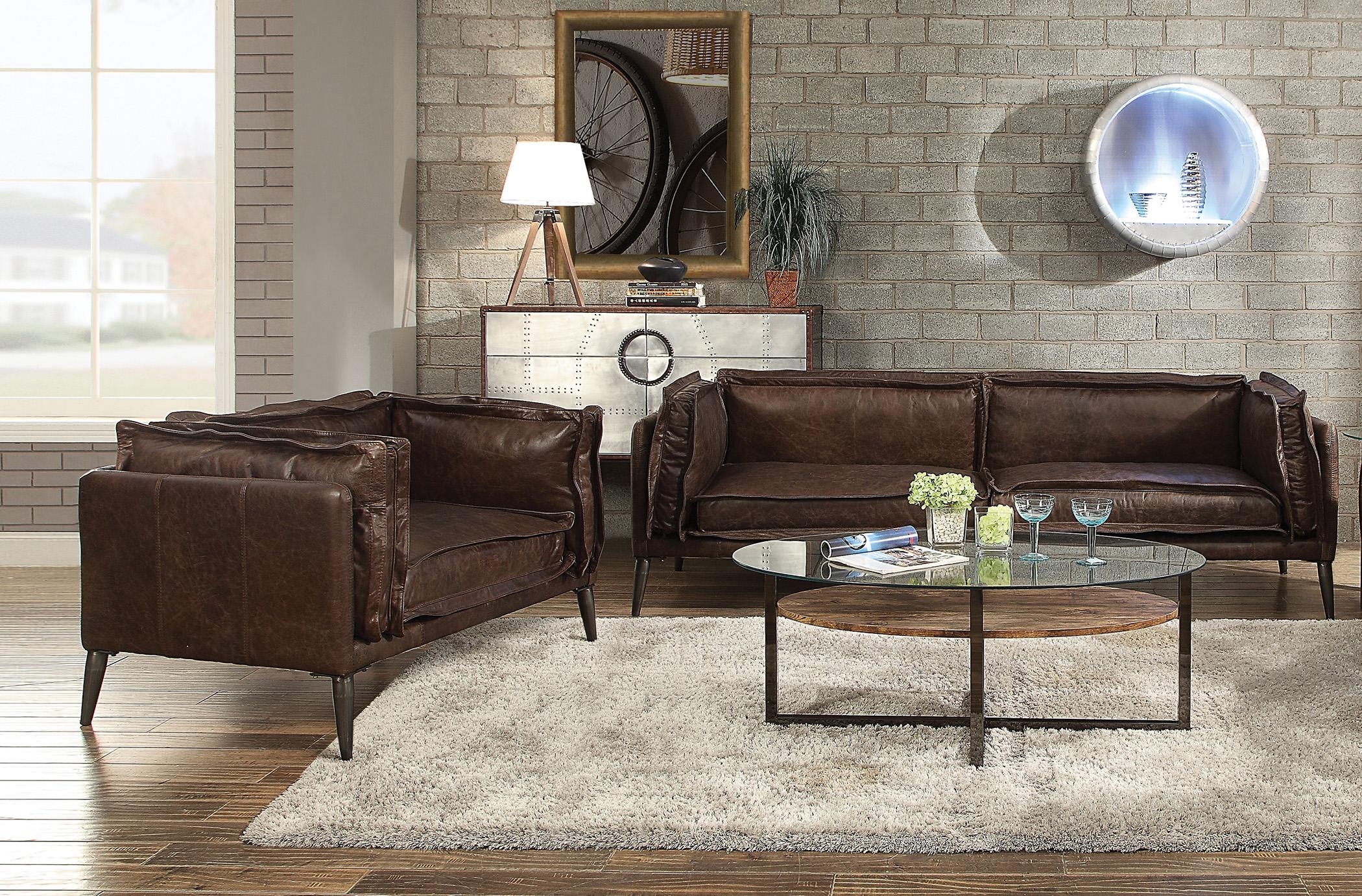 Contemporary,  Vintage Sofa Chair Porchester-52480-SC Porchester-52480-SC-Set-2 in Chocolate Top grain leather