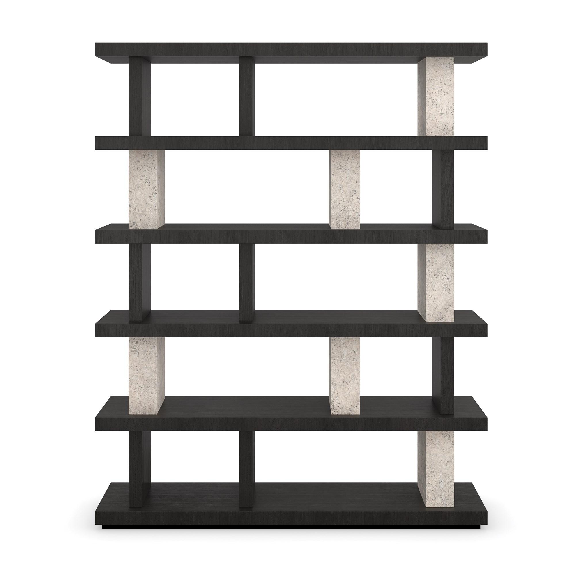 

    
Cinder & Open Pore Travertine CONTRAST TALL BOOKSHELF by Caracole
