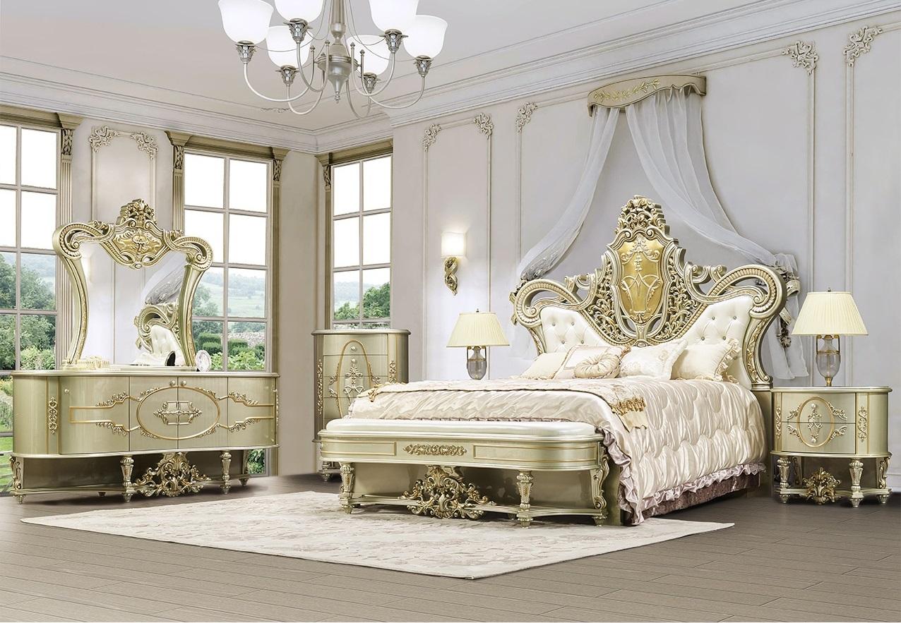 

    
Classic Antique Gold & Belle Silver Solid Wood CAL King Bed Set 5Pcs Homey Design HD-958
