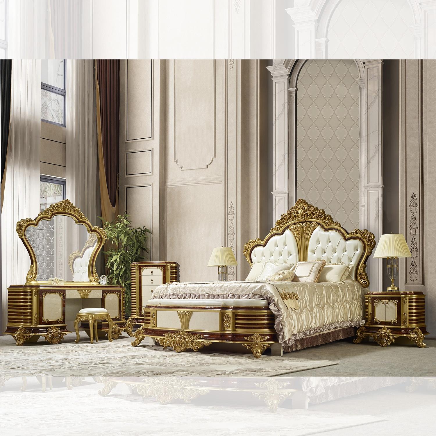 Classic Platform Bedroom Set HD-CKBED957-SET HD-CKBED957-SET in Dark Cherry, White, Gold Bonded Leather