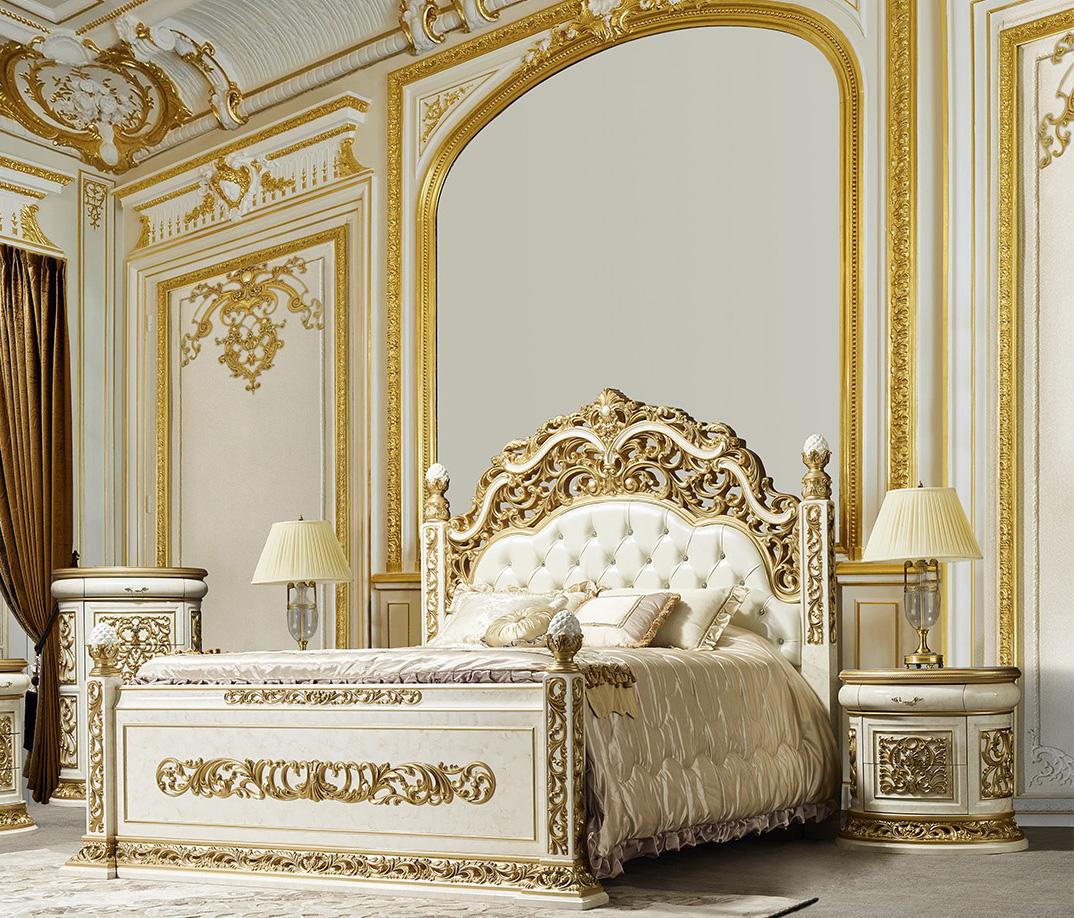 Classic Panel Bedroom Set HD-903-EK-BED-3PC HD-903-EK-BED-3PC in Antique White, Gold Bonded Leather