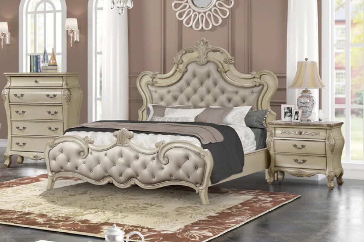Classic Panel Bed B8300 B8300-CK in Antique White Bonded Leather