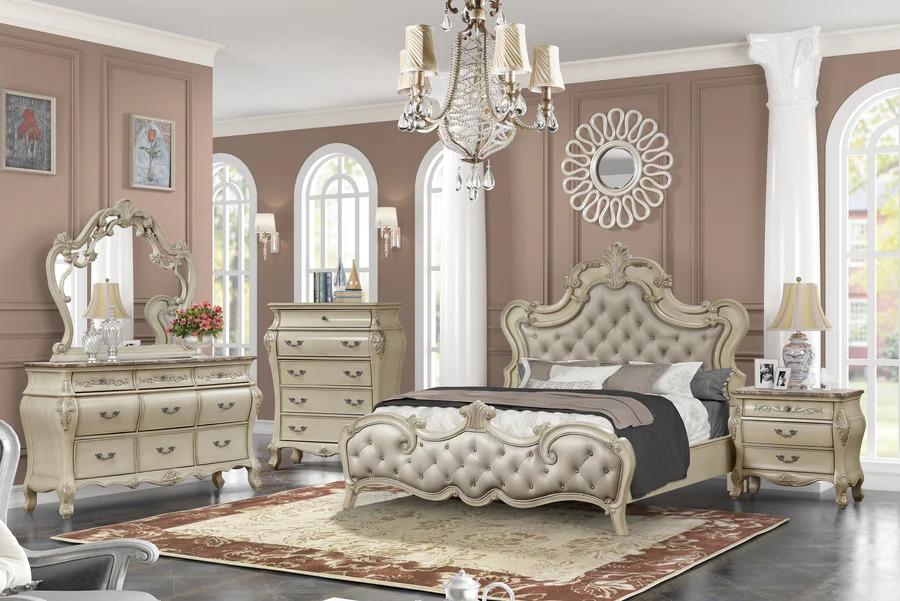 

    
Classic Antique White Wood California King Panel Bedroom Set 5Pcs McFerran B8300

