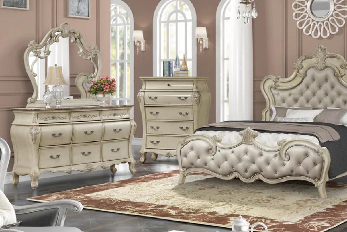 

    
Classic Antique White Wood California King Panel Bedroom Set 6Pcs McFerran B8300
