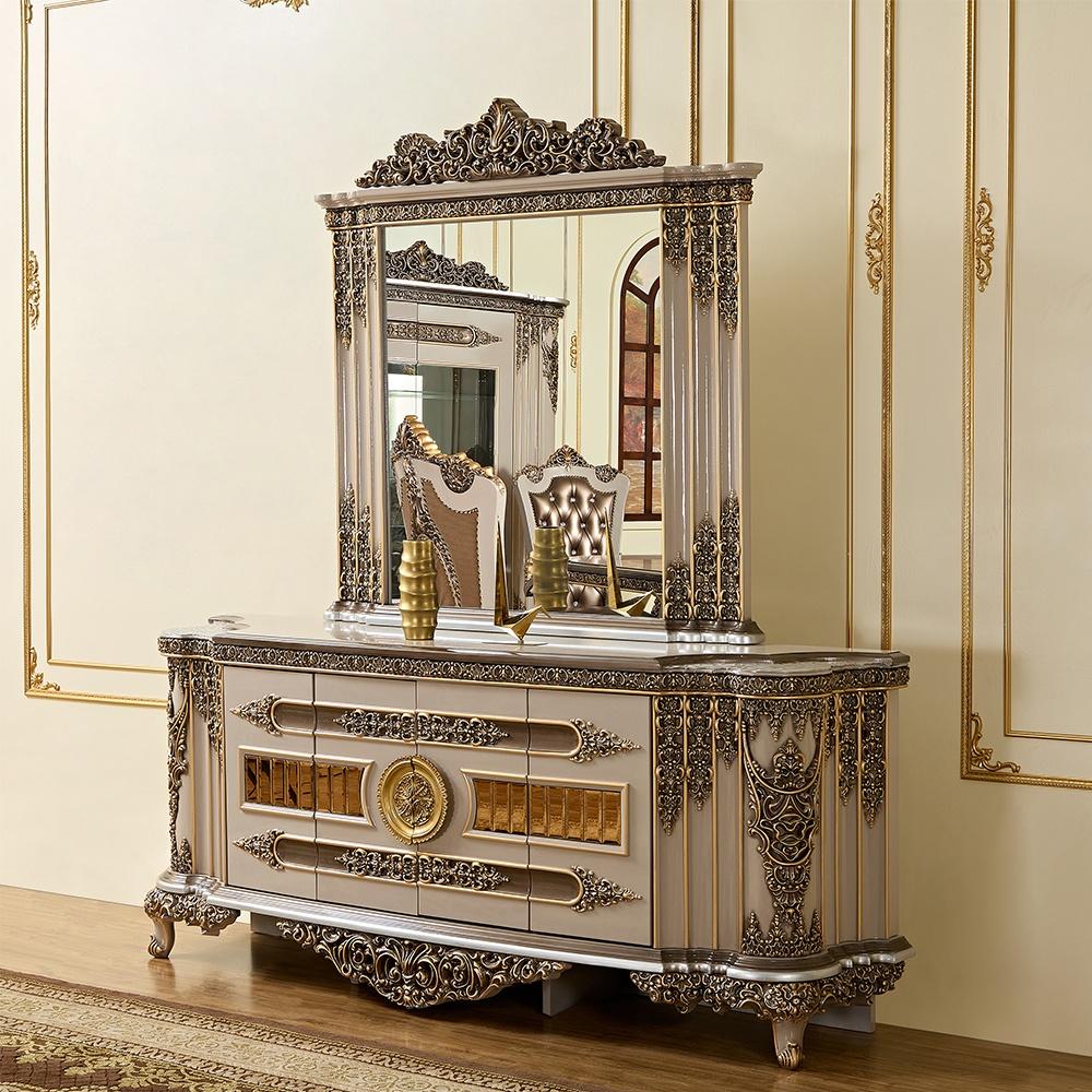 

    
Classic Beige & Gold Wood Buffet with Mirror 2Pcs Homey Design HD-1881
