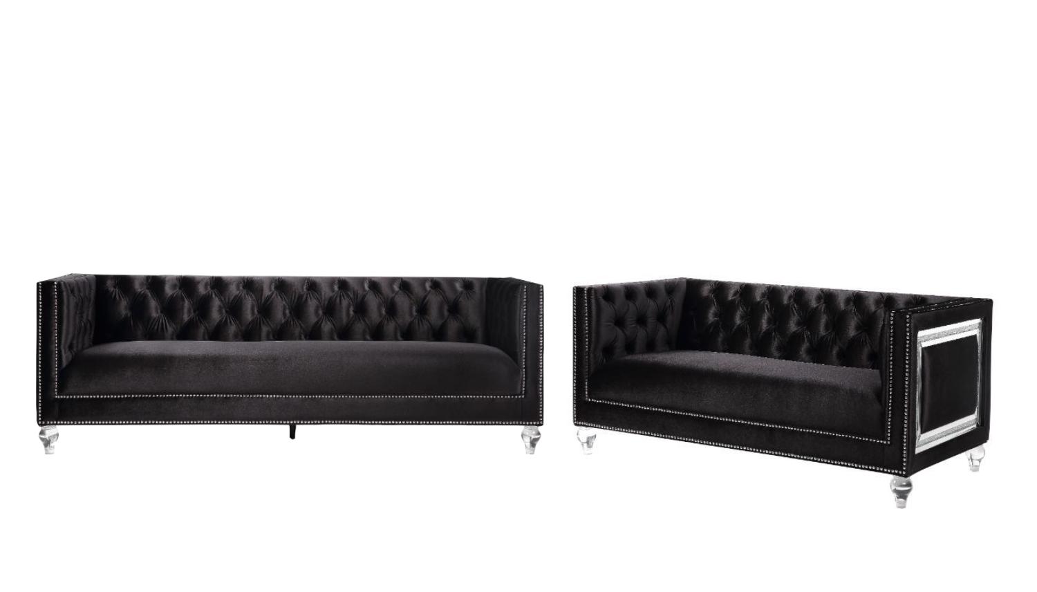 Classic Sofa and Loveseat Set Heibero 56995-2pcs in Black Velvet
