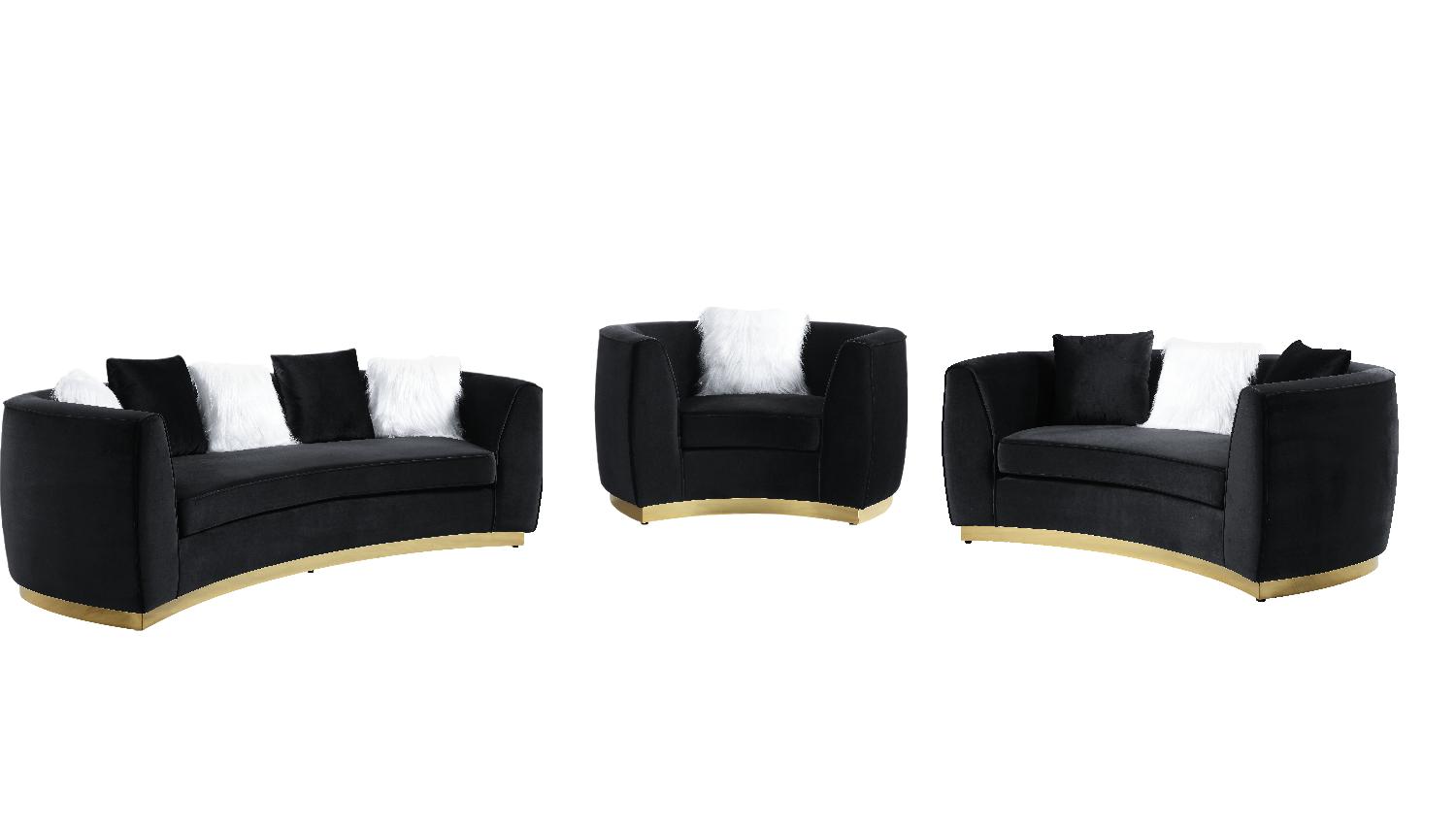 Classic Sofa Loveseat and Chair Set Achelle LV01045-3pcs in Black Velvet