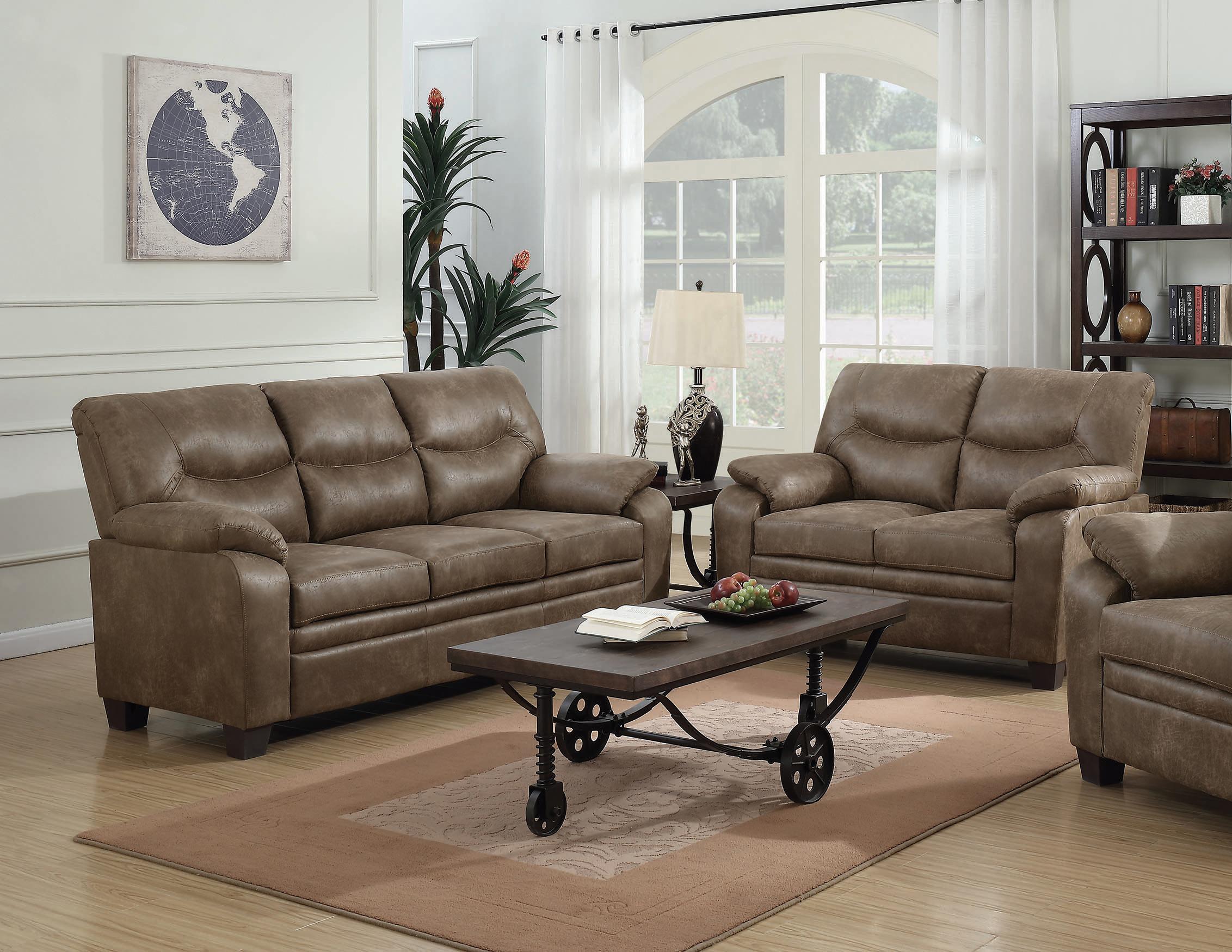 

    
Classic Brown Coated Microfiber Living Room Set 2pcs Coaster 506561-S2 Meagan
