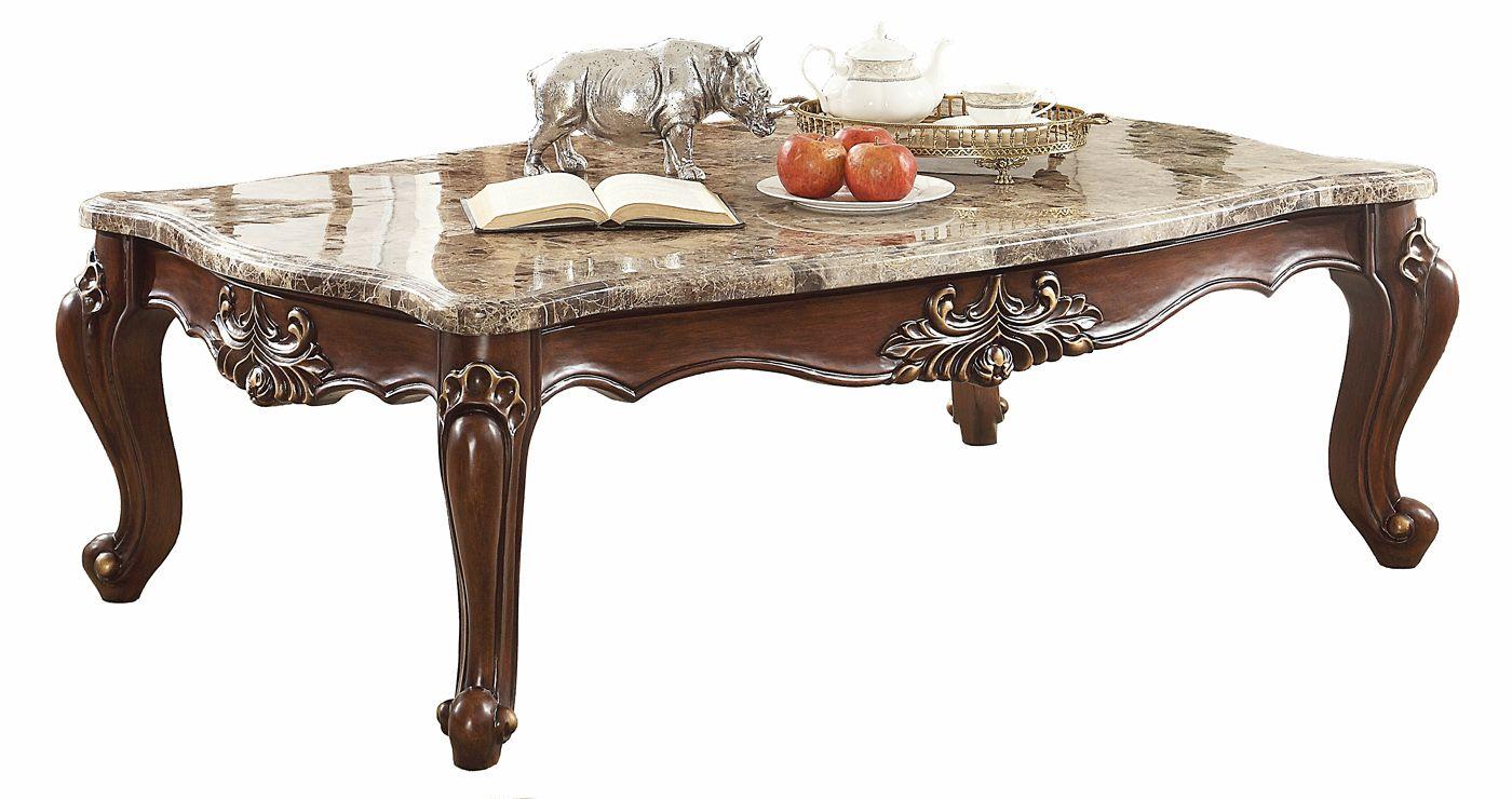 

    
Classic Brown Marble & Cherry Oak Coffee Table by Acme Jardena 81655
