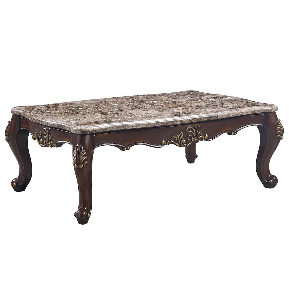 

    
Classic Brown Marble Top & Cherry Coffee Table by Acme Ragnar LV01125
