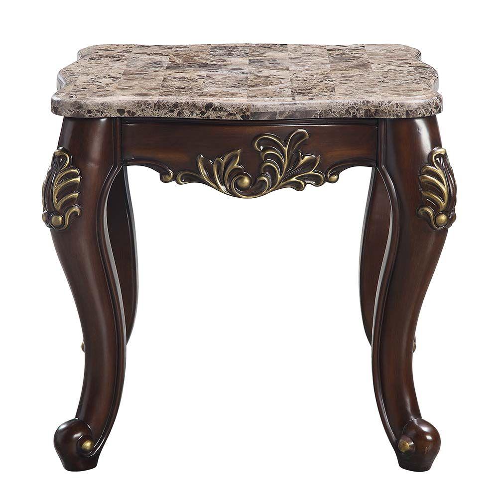 

    
Classic Brown Marble Top & Cherry End Table by Acme Ragnar LV01126
