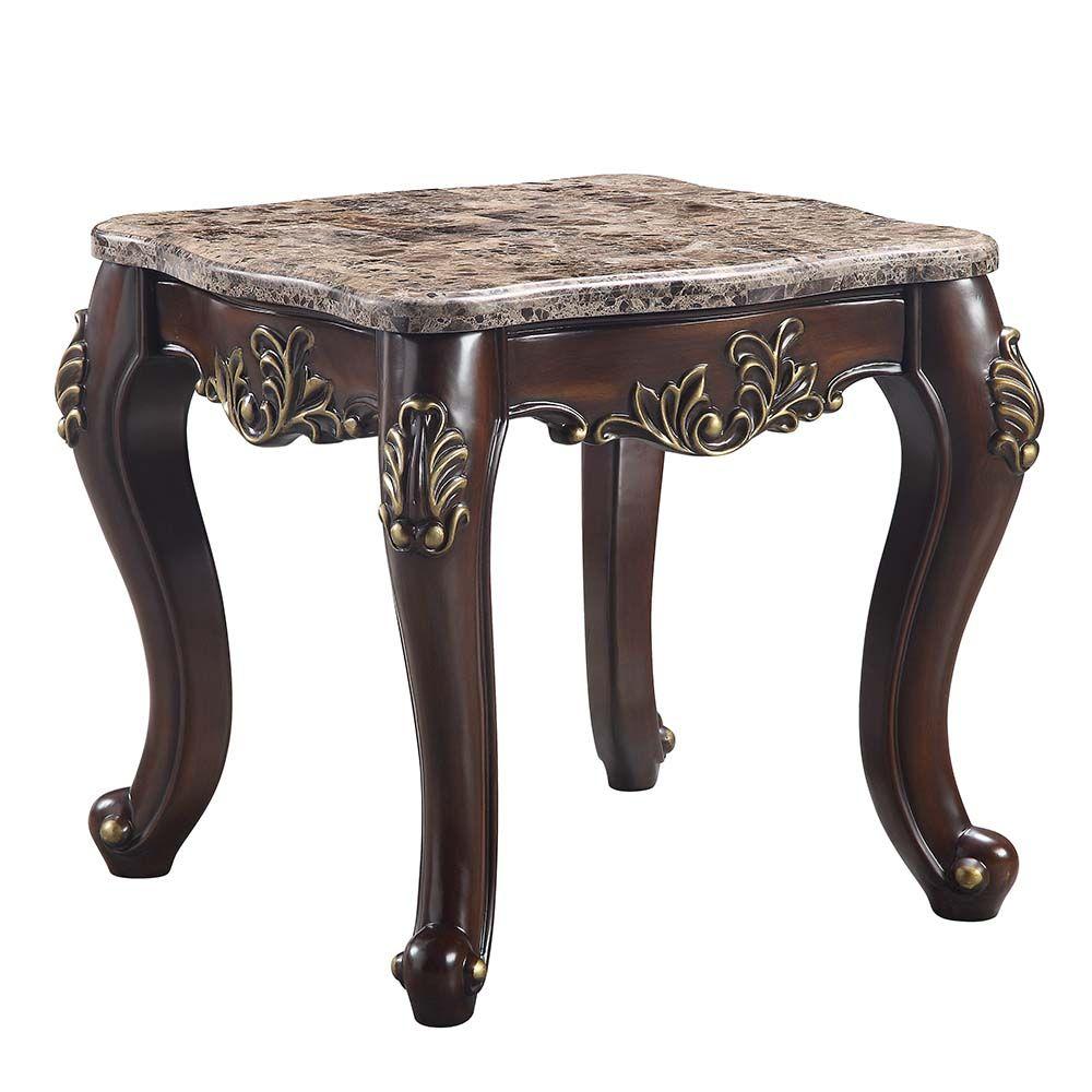 

    
Classic Brown Marble Top & Cherry End Table by Acme Ragnar LV01126
