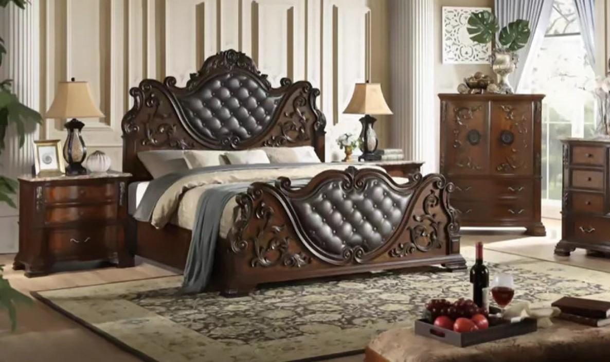 Classic Panel Bedroom Set B9000 B9000-CK-3PC in Cherry Finish, Brown Bonded Leather