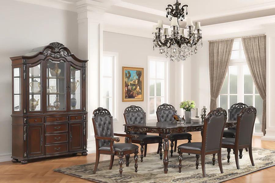 Classic Dining Room Set D1900 D1900-T-11PC in Dark Cherry Finish Faux Leather