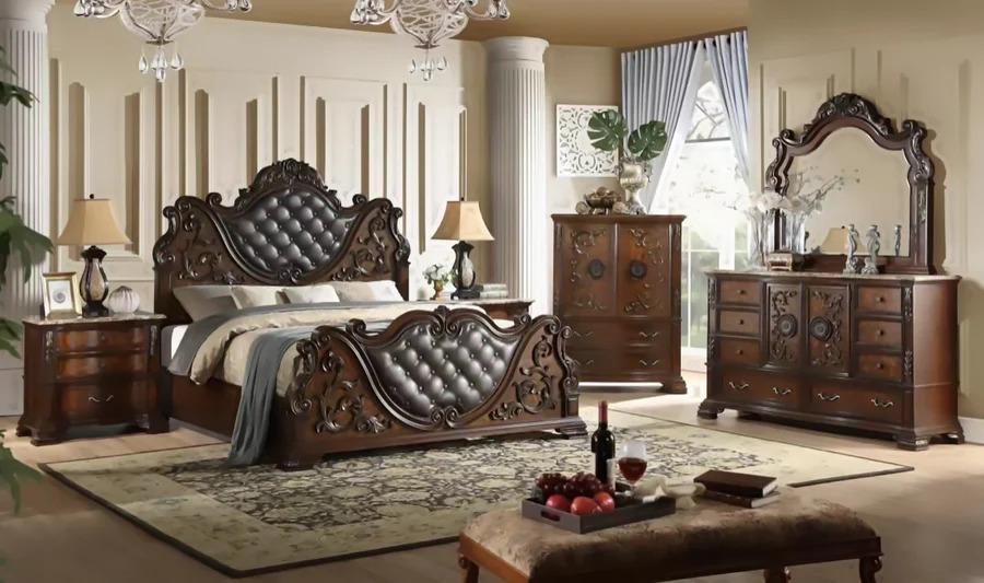 Classic Panel Bedroom Set B9000 B9000-Q-5PC in Cherry Finish, Brown Bonded Leather