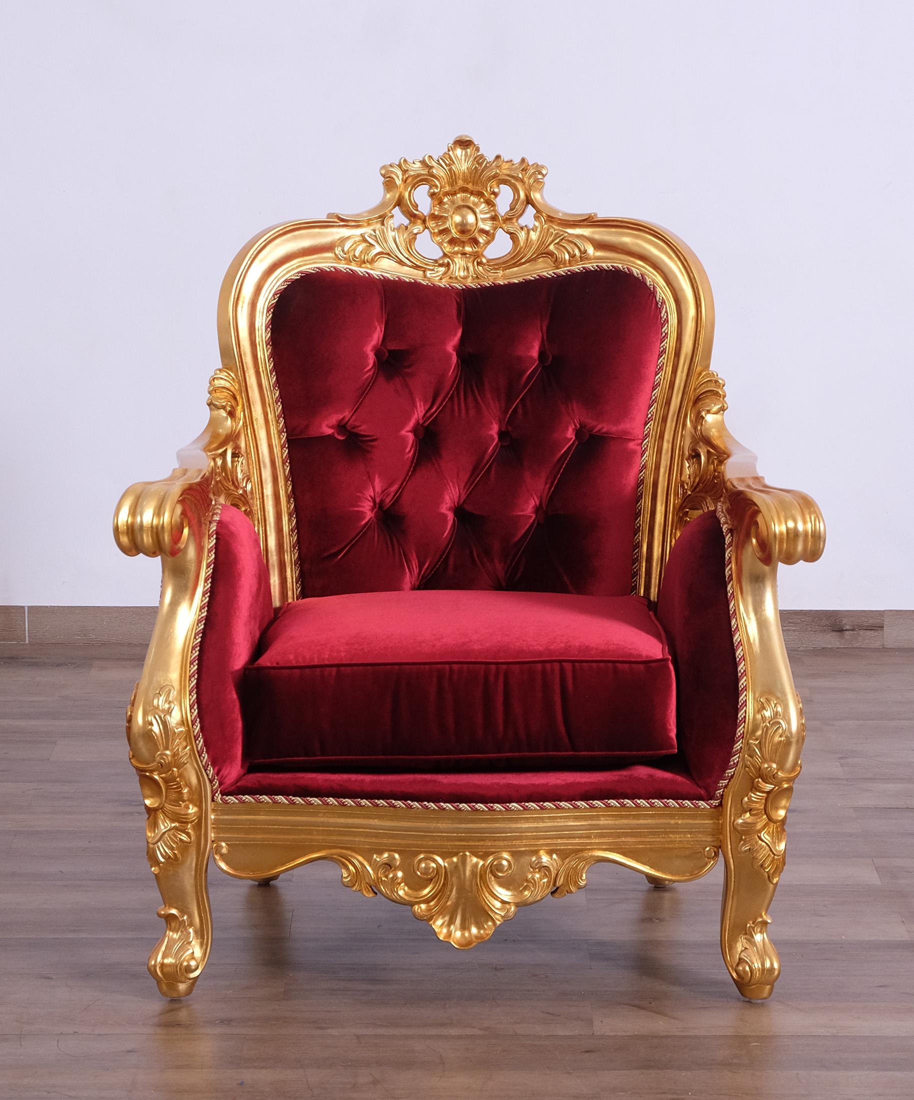 

    
EUROPEAN FURNITURE BELLAGIO II Arm Chair Antique/Gold/Burgundy 30015-C
